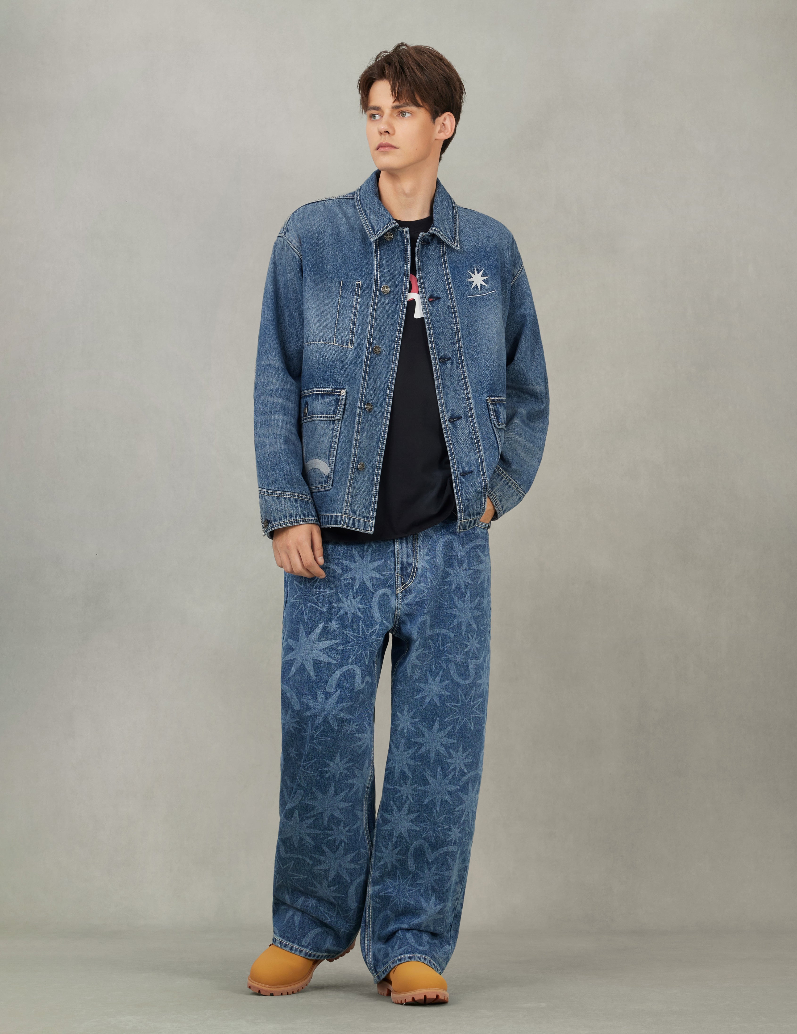 EVISU X GDC 滿地洗水印花寬版休閒牛仔褲