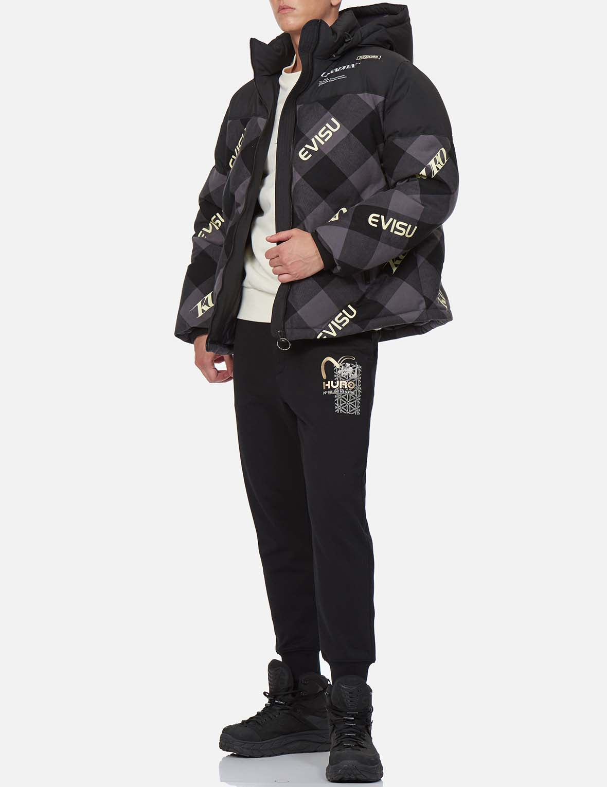 Logo印花格紋羽絨外套
