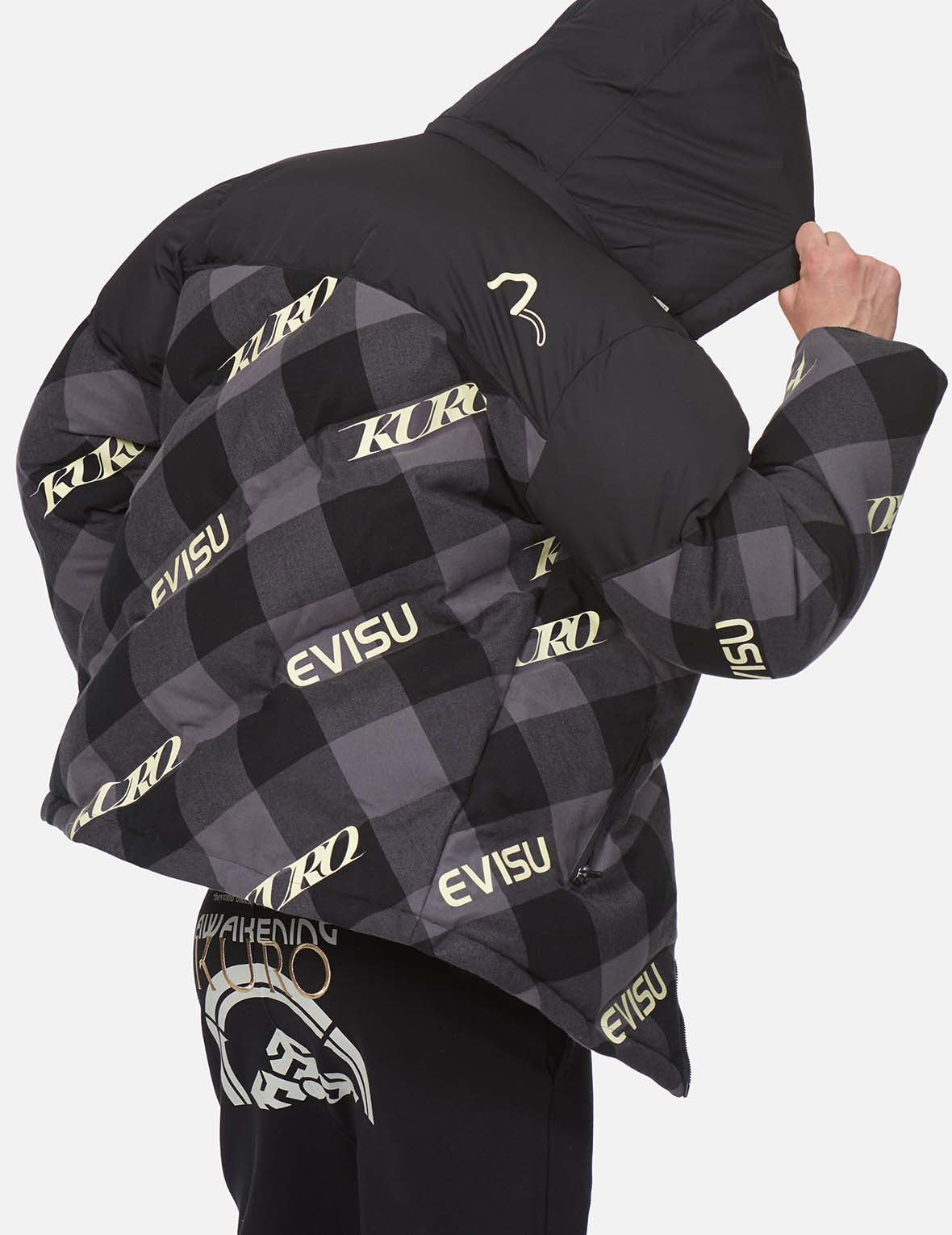 Logo印花格紋羽絨外套