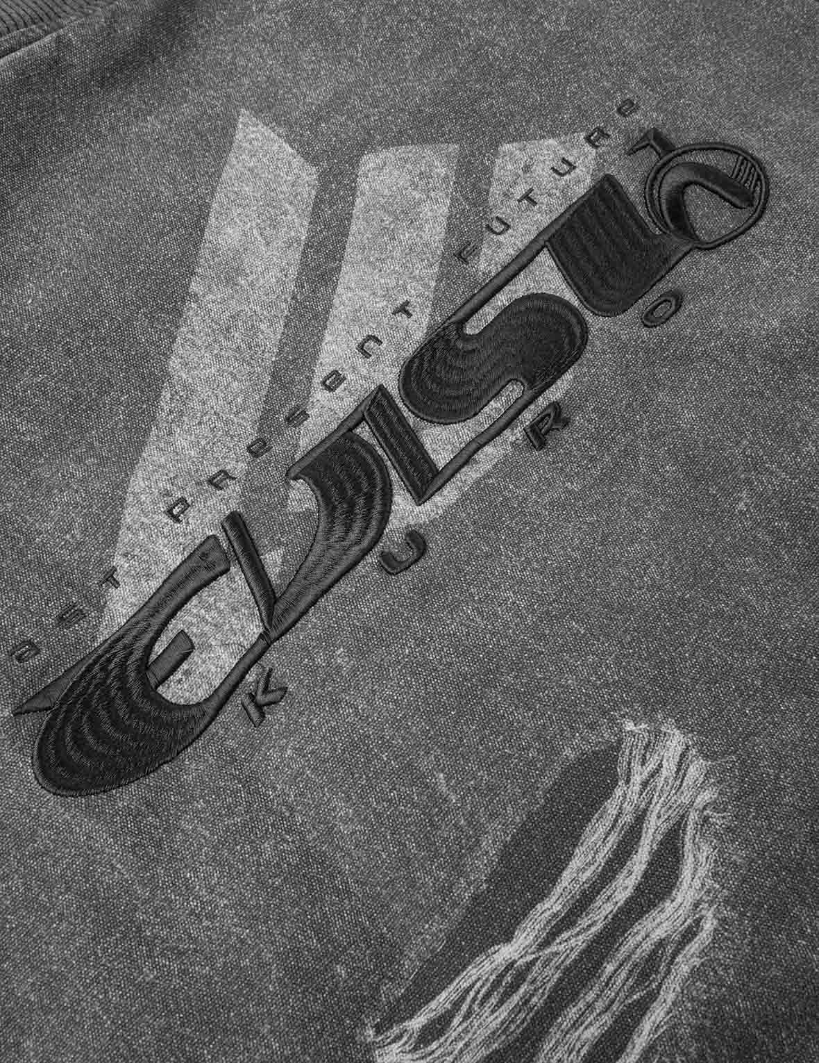 Distressed Print with Logo Embroidery Loose Fit Padded Boomer Jacket
