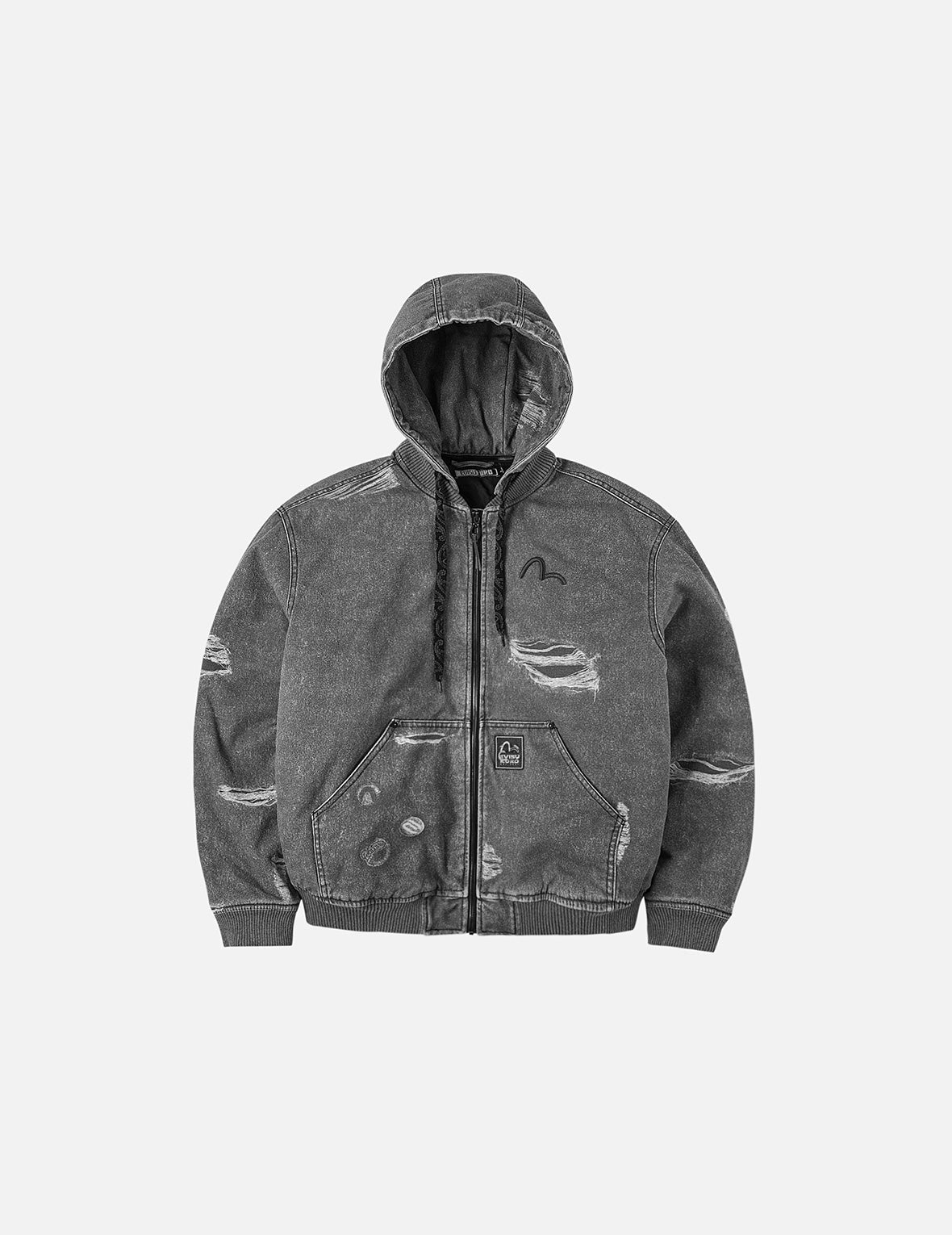 Distressed Print with Logo Embroidery Loose Fit Padded Boomer Jacket