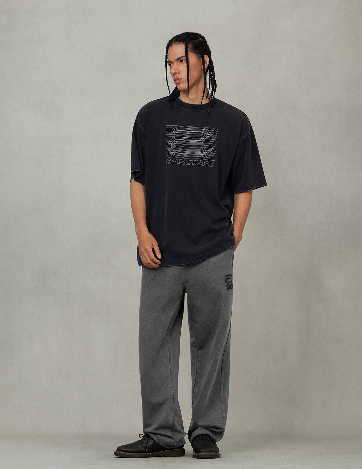 EVISUKURO E刺繡破損寬版運動褲
