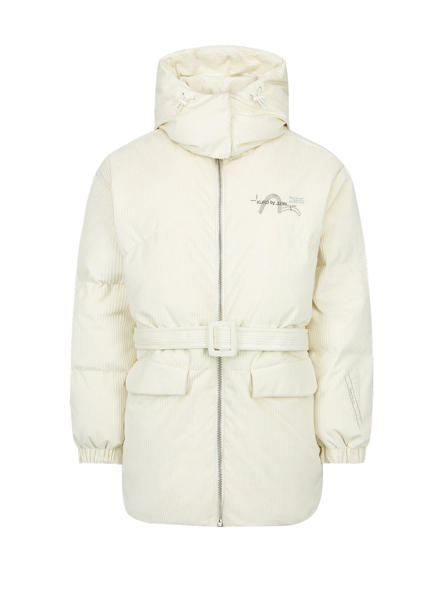 Seagull Embroidery Corduroy Belted Down Jacket