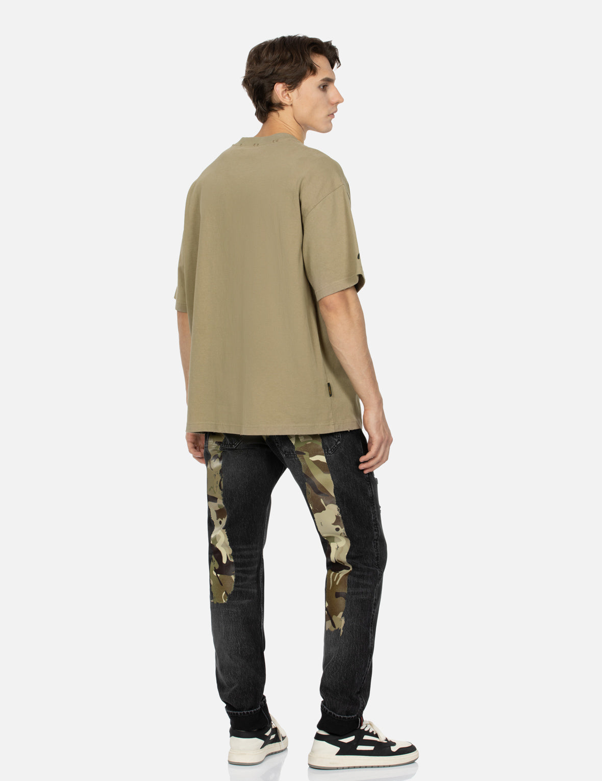 Camouflage Brushstroke Daicock Print Distressed Taper Fit Jeans #2017