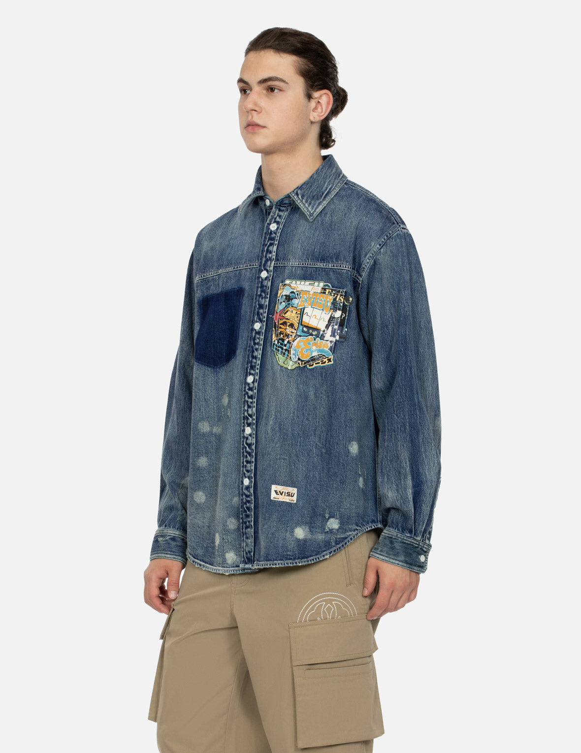 Lucky Slot Machine and Daruma Print Relax Fit Denim Shirt