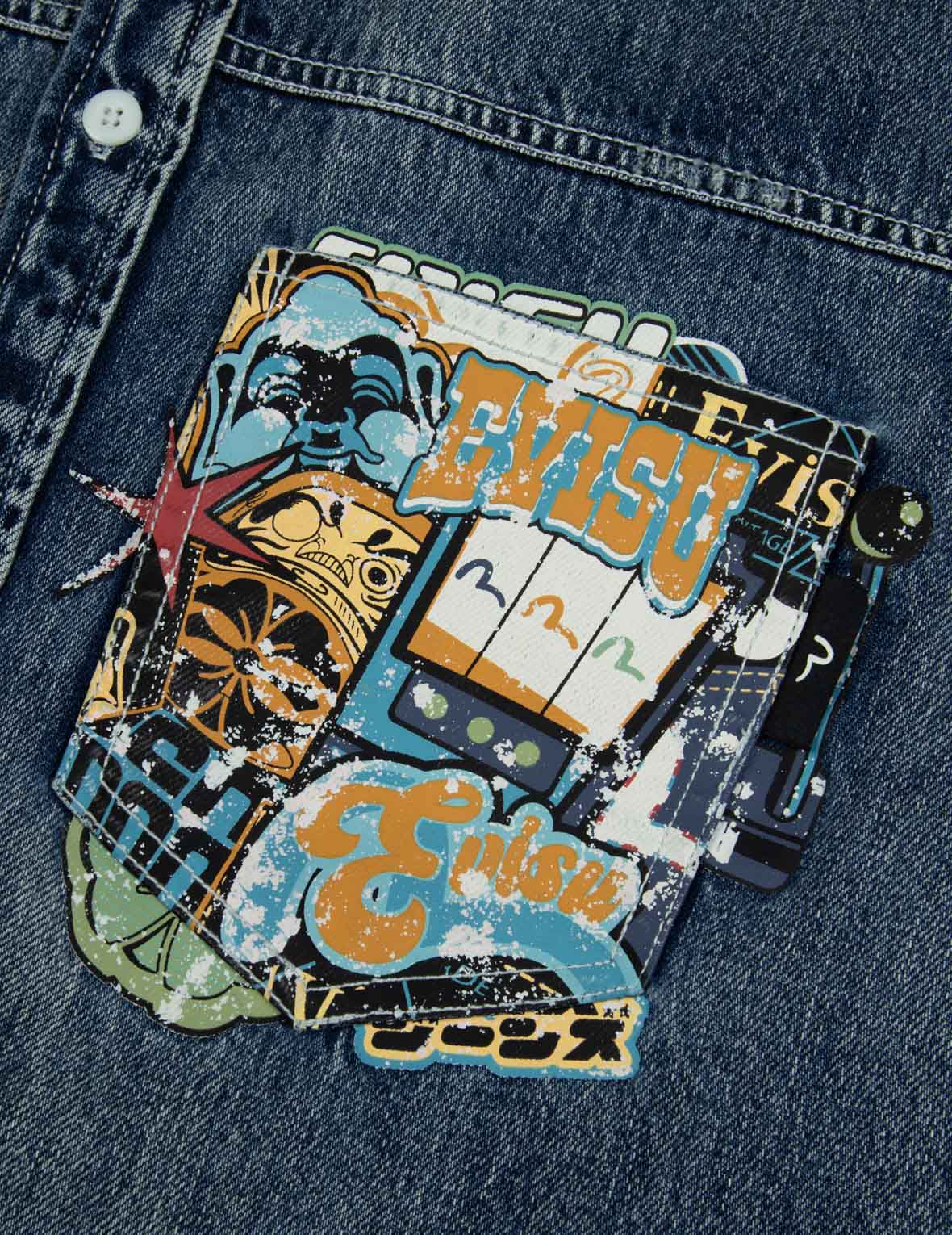 Lucky Slot Machine and Daruma Print Relax Fit Denim Shirt