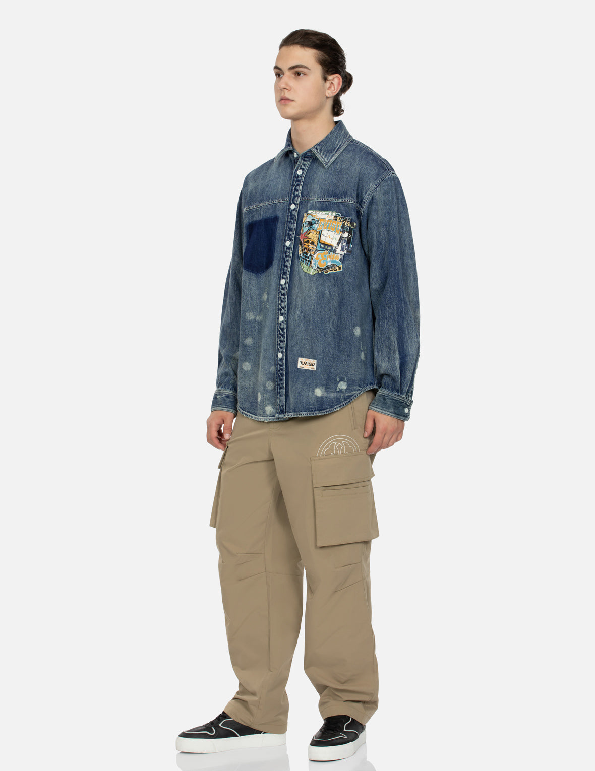 Lucky Slot Machine and Daruma Print Relax Fit Denim Shirt