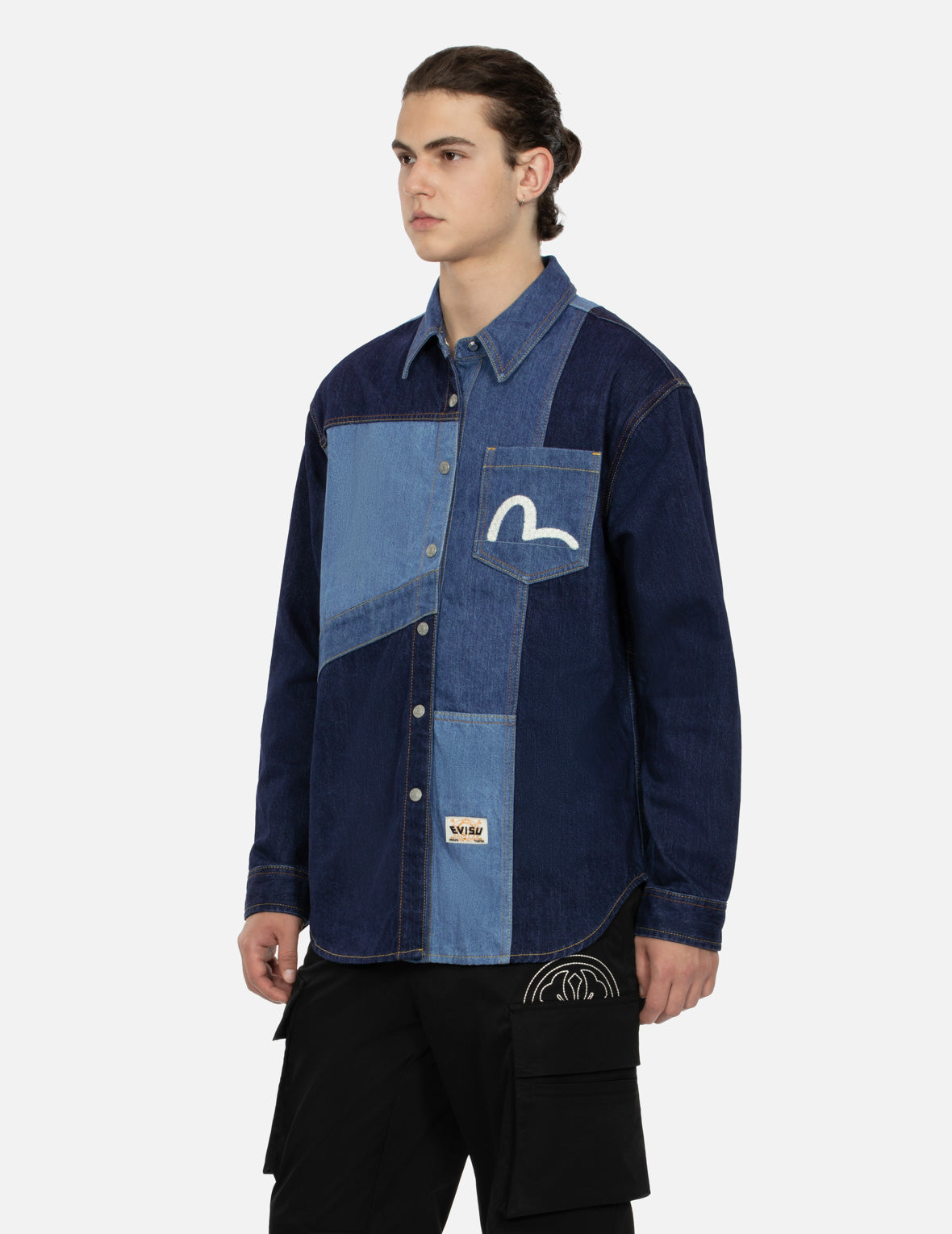 Patchwork with Seagull Embroidery Relax Fit Denim Shirt