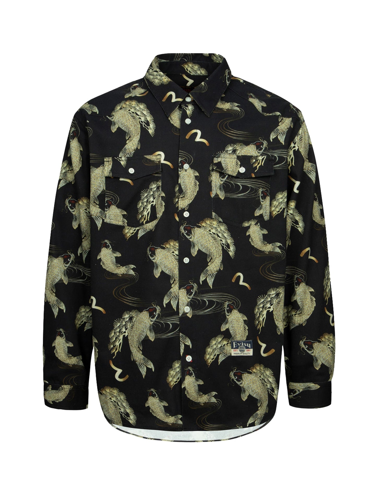Allover Carp and Seagull Print Oversized Shirt