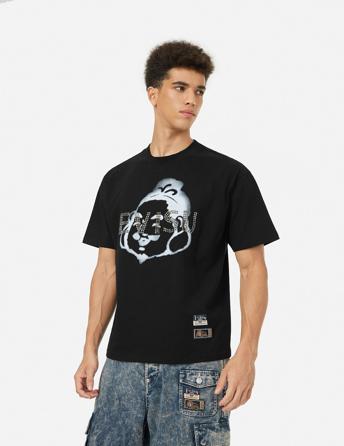 Rhinstone Logo and Godhead Print Relax Fit T-Shirt