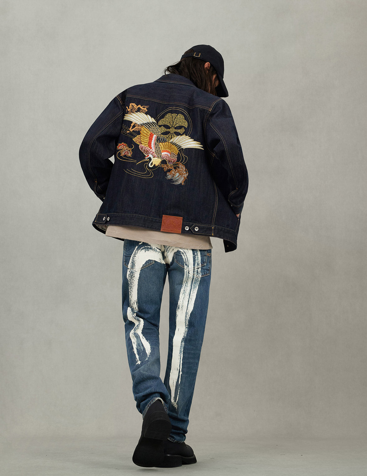 Grateful Crane Embroidery Relax Fit Denim Jacket