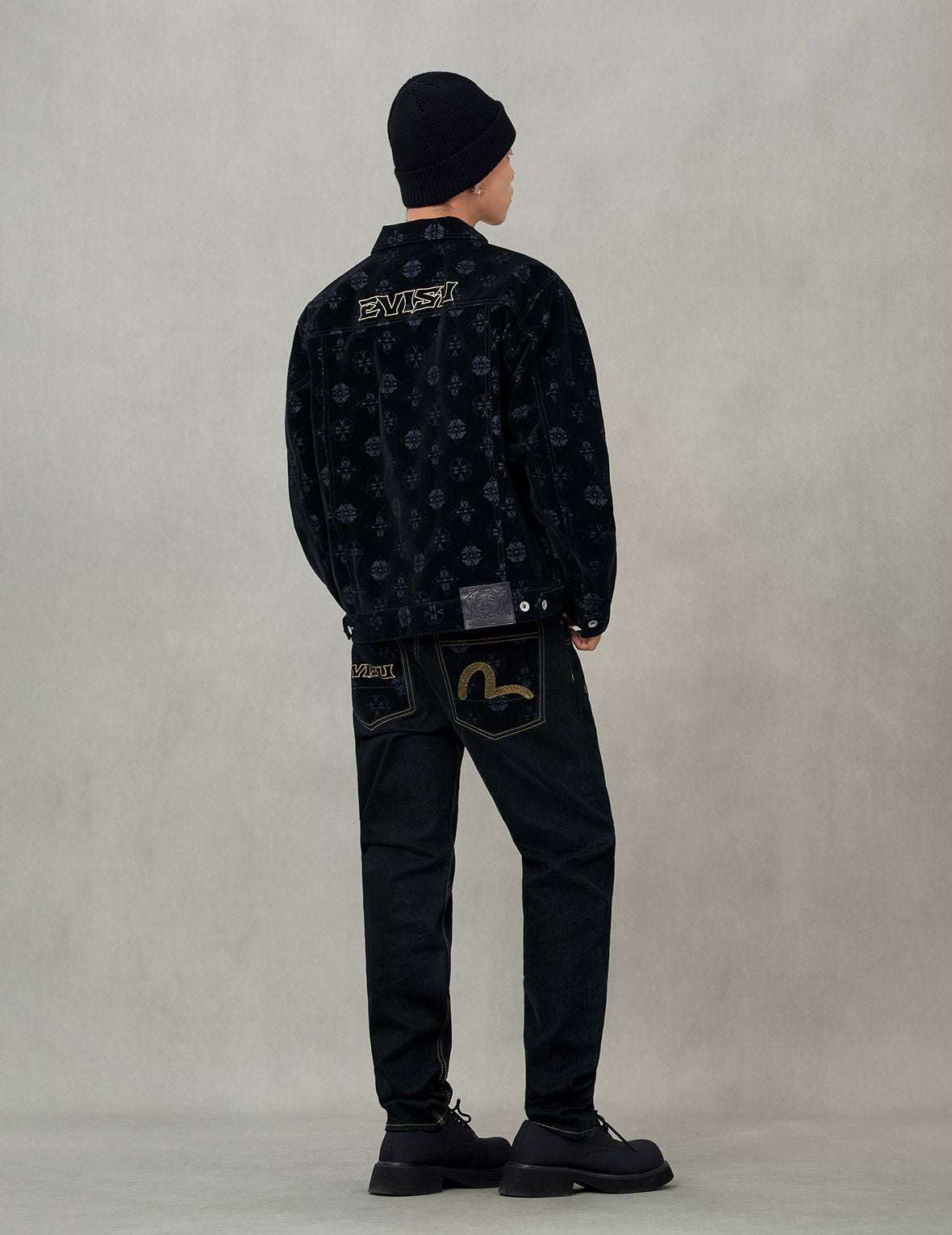 Allover Kamon Flocking Print Relax Fit Denim Jacket
