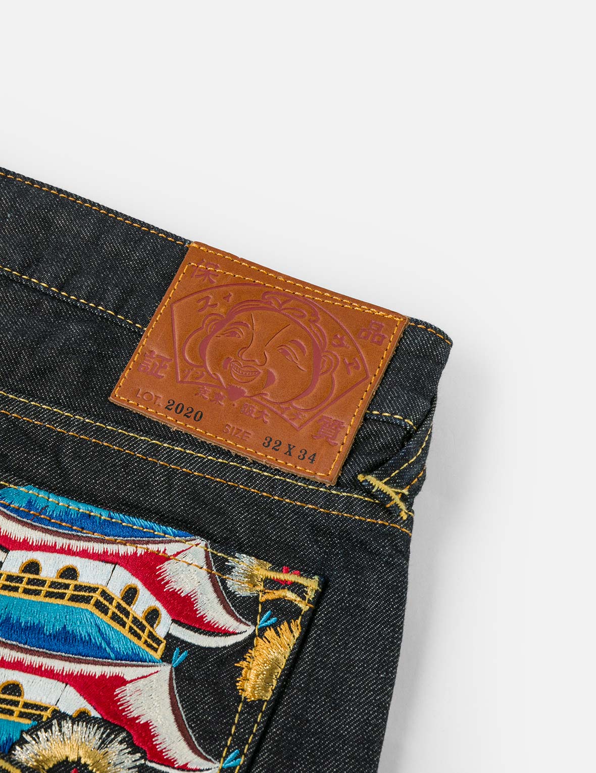 Seagull and Japanese Temple Embroidery Regular Fit Jeans #2000