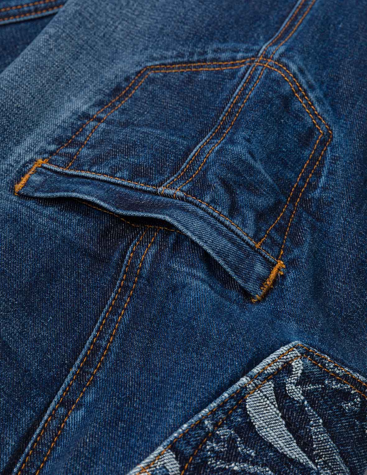 多口袋和海鷗仙鶴印花寬版洗水牛仔束腳褲