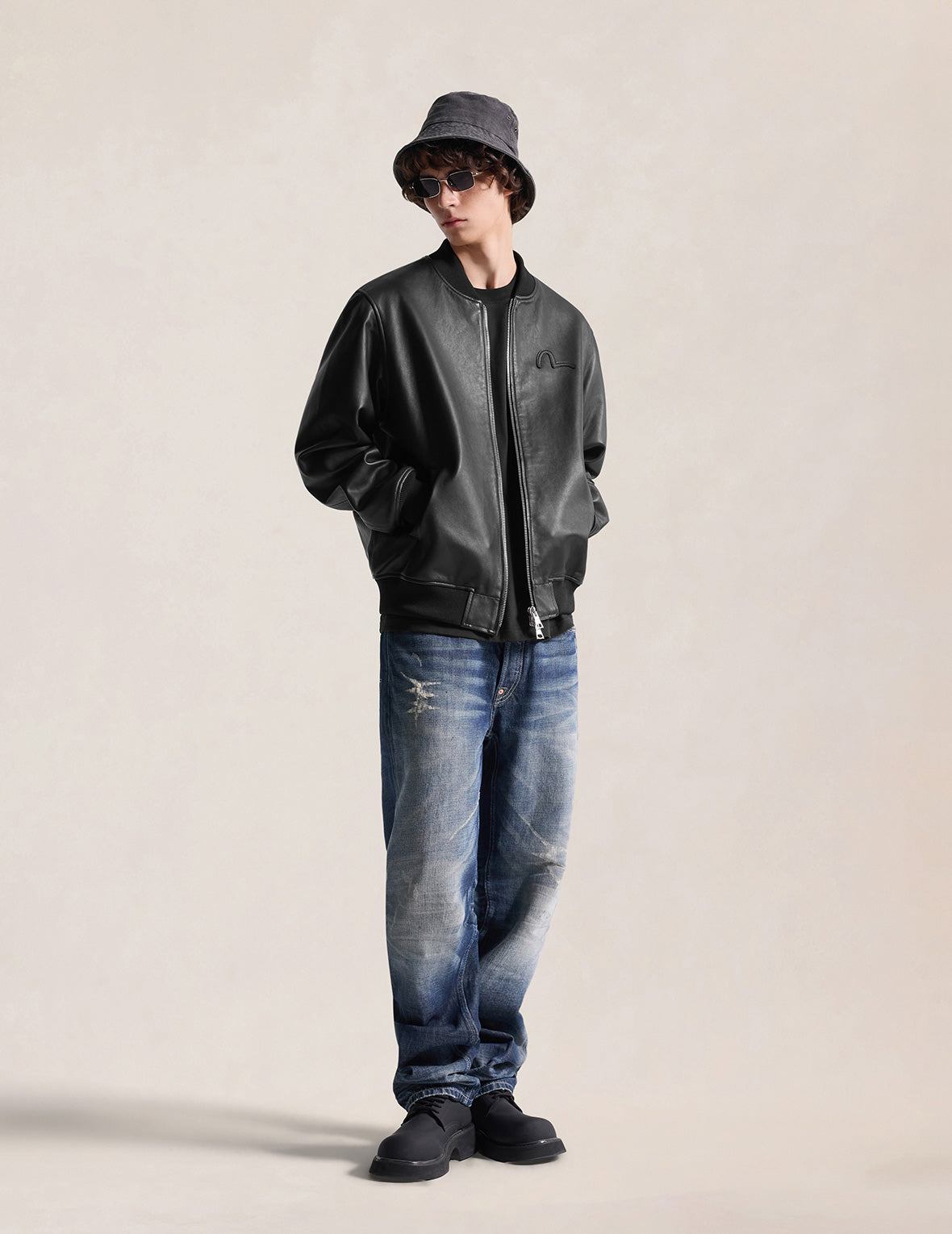 EVISU Logo Patch Leather Jacket