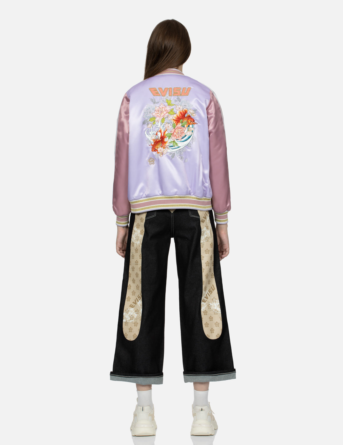 金魚百花刺繡拼色寬版橫須賀外套