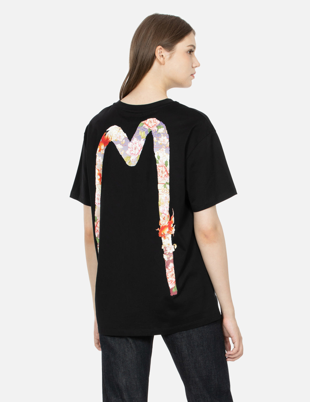 Goldfish and Floral Flow Brushstroke Daicock Print Boyfriend T-shirt