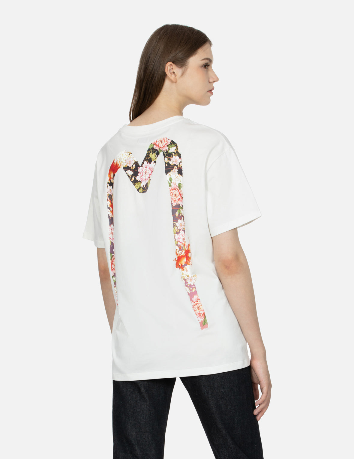 Goldfish and Floral Flow Brushstroke Daicock Print Boyfriend T-shirt