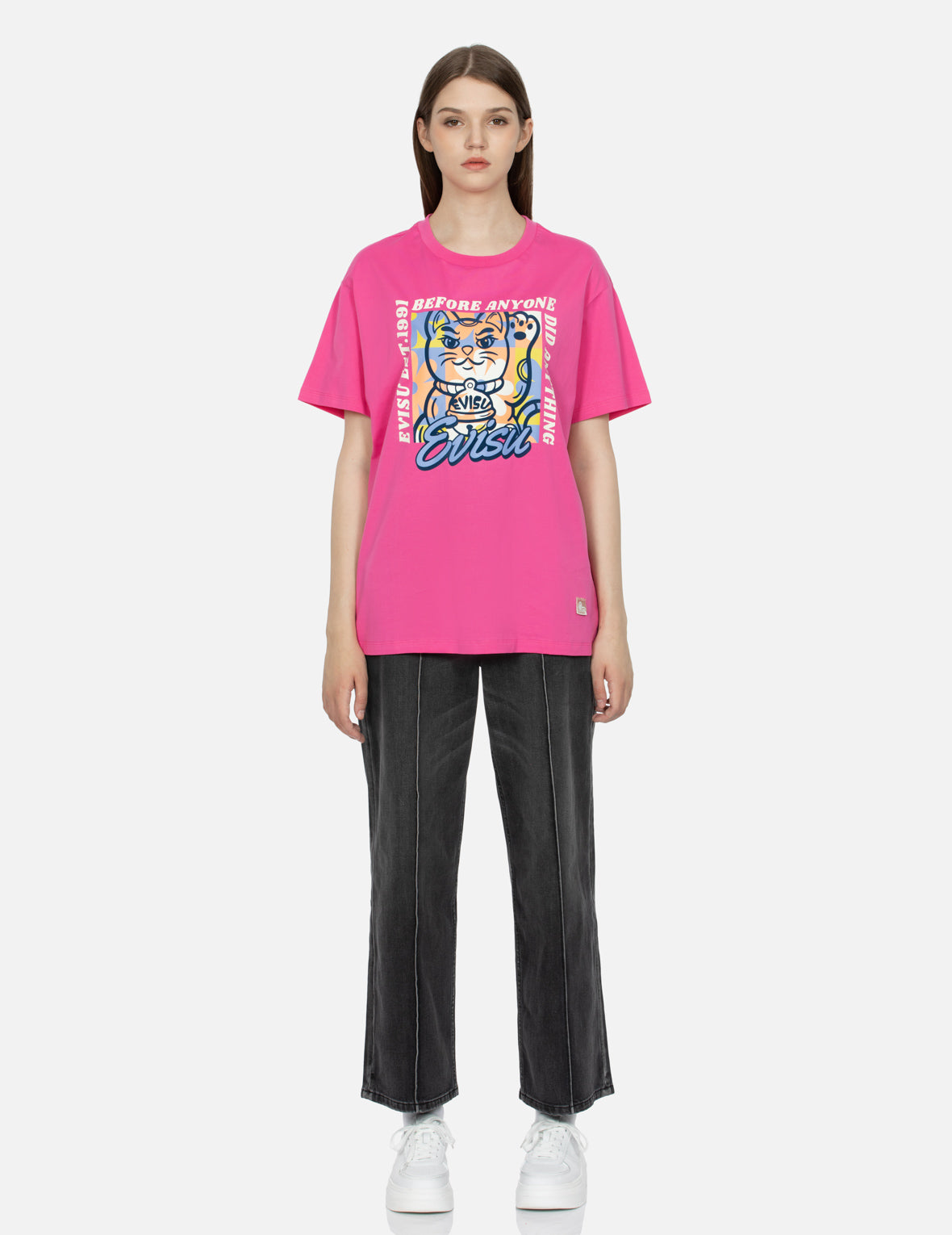 Fortune Cat Flocking with Slogan Print Boyfriend T-shirt
