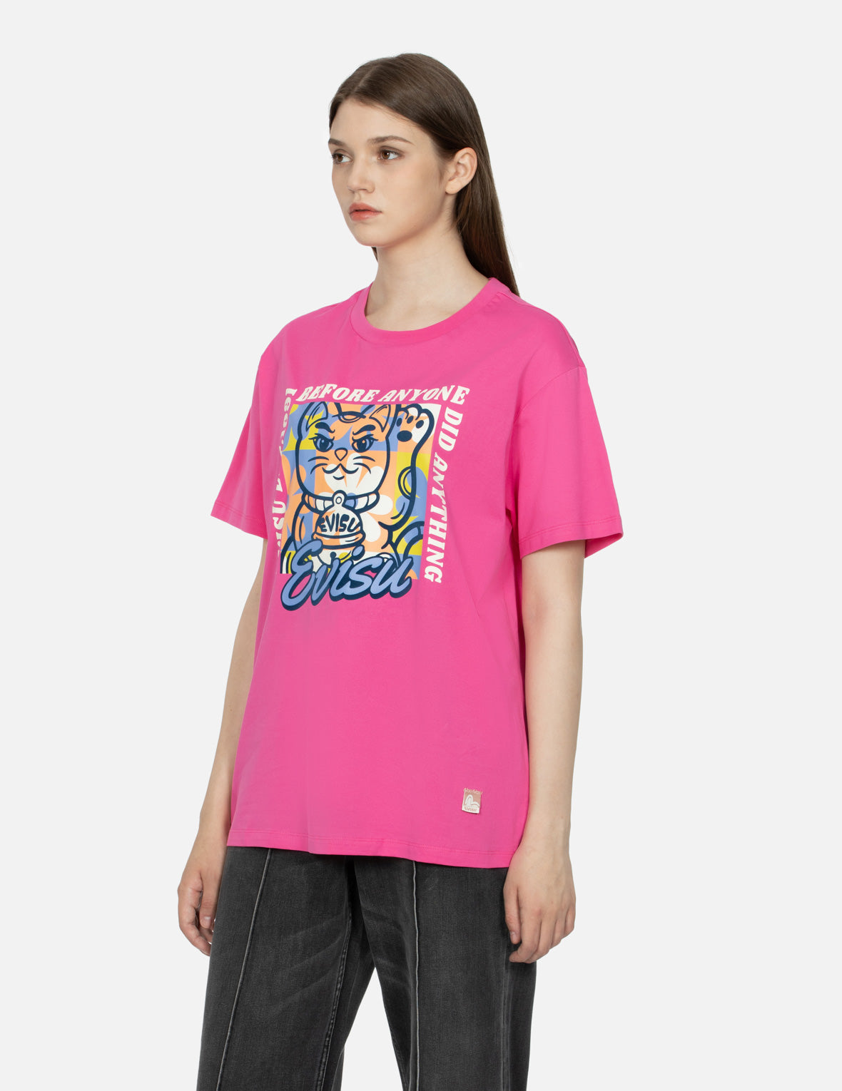 Fortune Cat Flocking with Slogan Print Boyfriend T-shirt