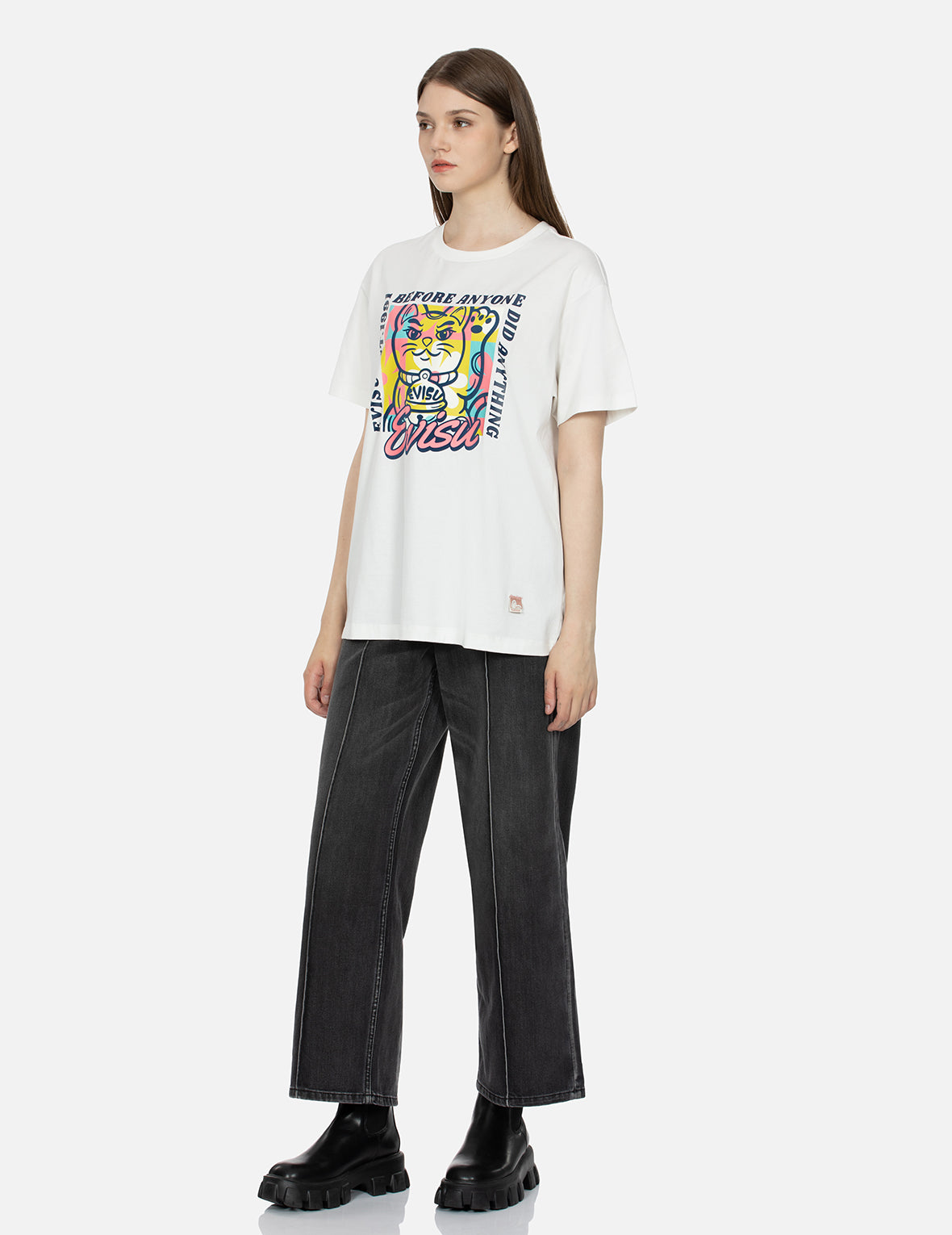 Fortune Cat Flocking with Slogan Print Boyfriend T-shirt