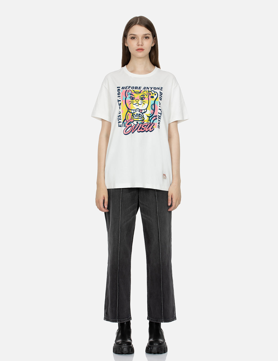 Fortune Cat Flocking with Slogan Print Boyfriend T-shirt