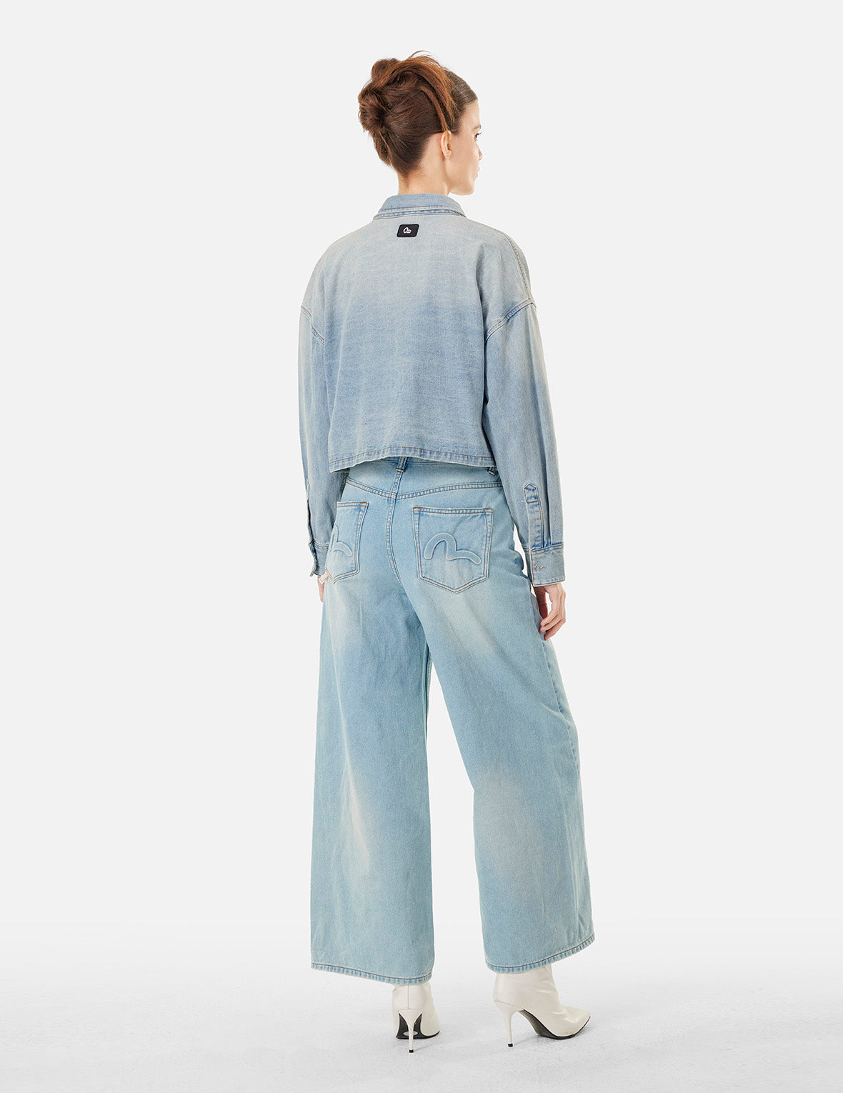 海鷗壓花鬆身闊腿牛仔褲