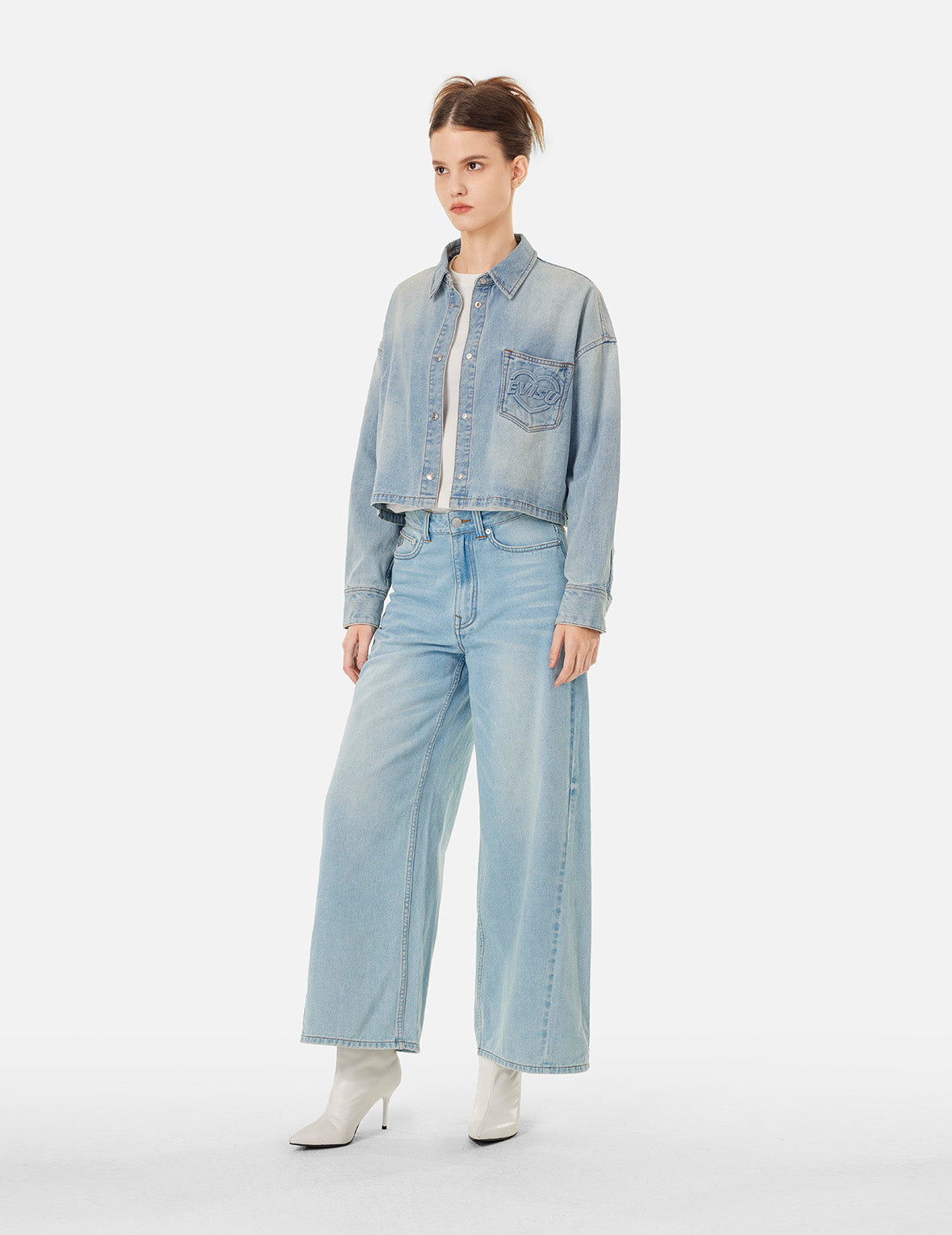 海鷗壓花鬆身闊腿牛仔褲