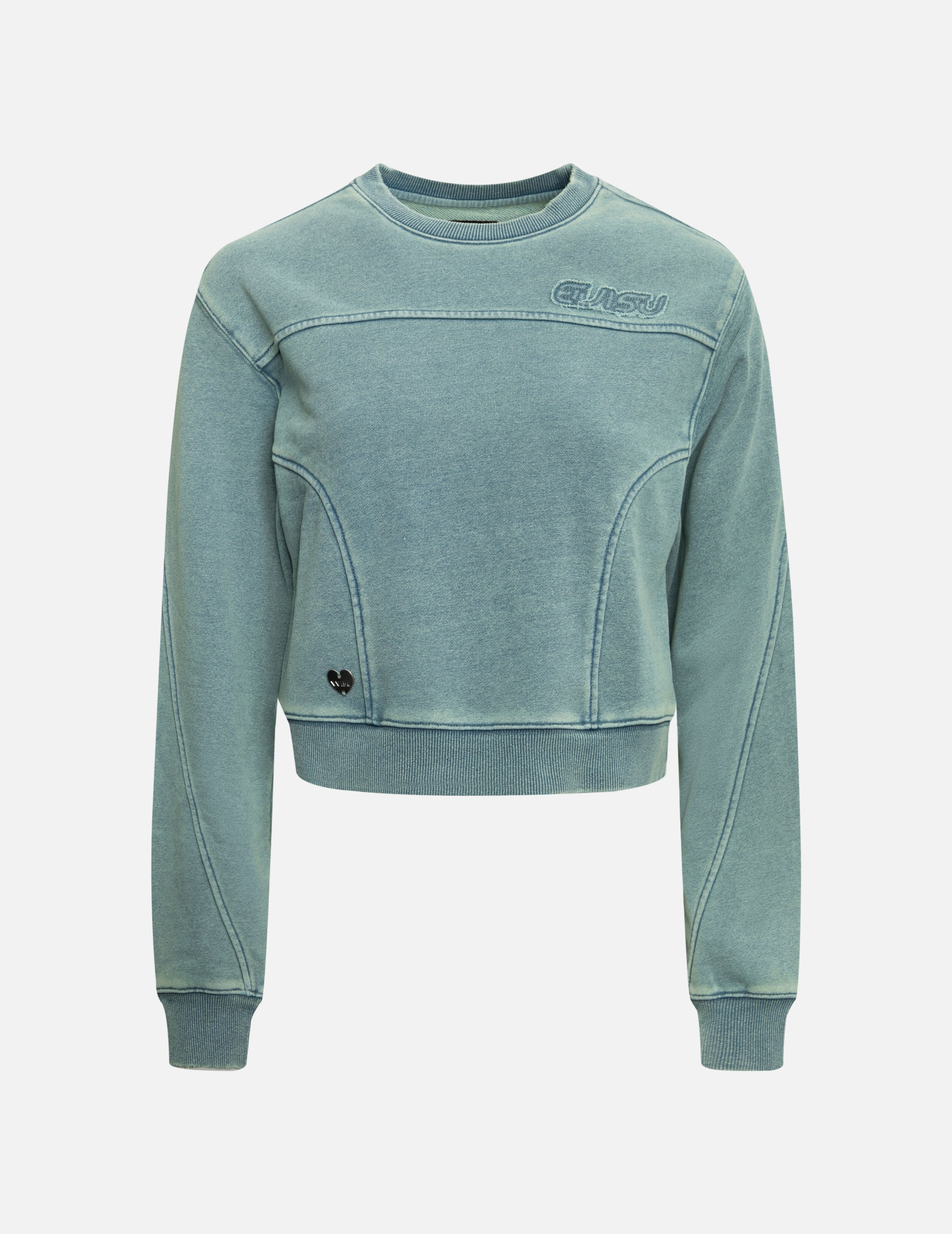 Distressed Appliqué Embroidery Washed Fashion Fit Cropped Sweatshirt