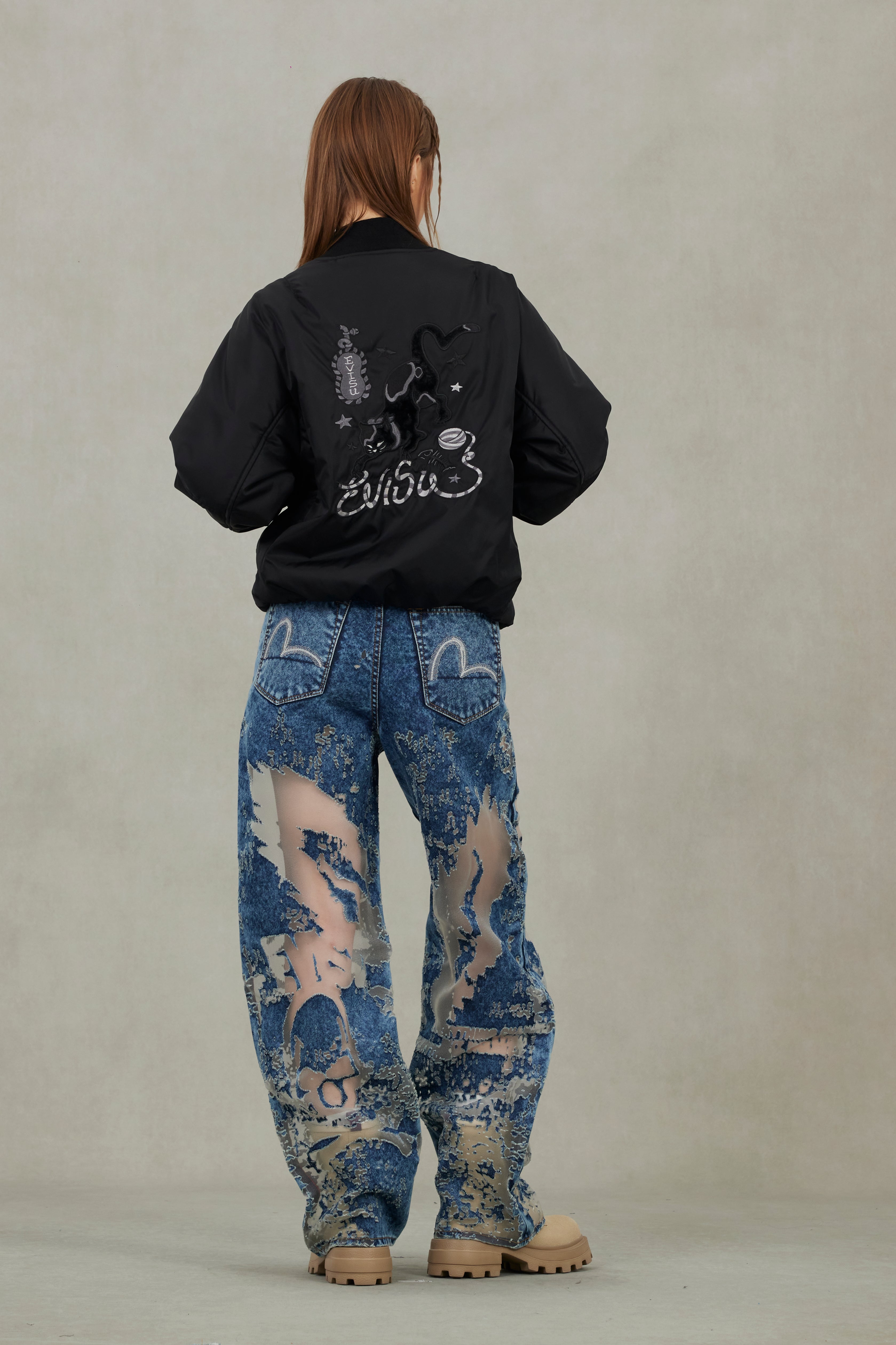 Fuzzy Cat Appliqué and Logo Embroidery Drop-Shoulder Bomber Jacket