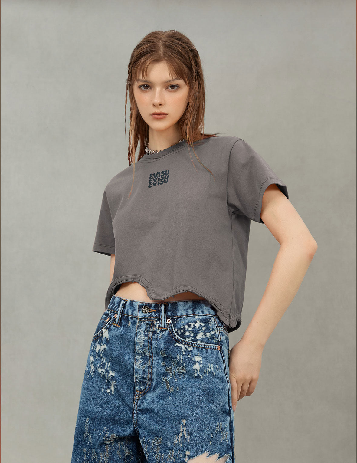 Logo Print and Distressed Detail Fashion Fit T-Shirt