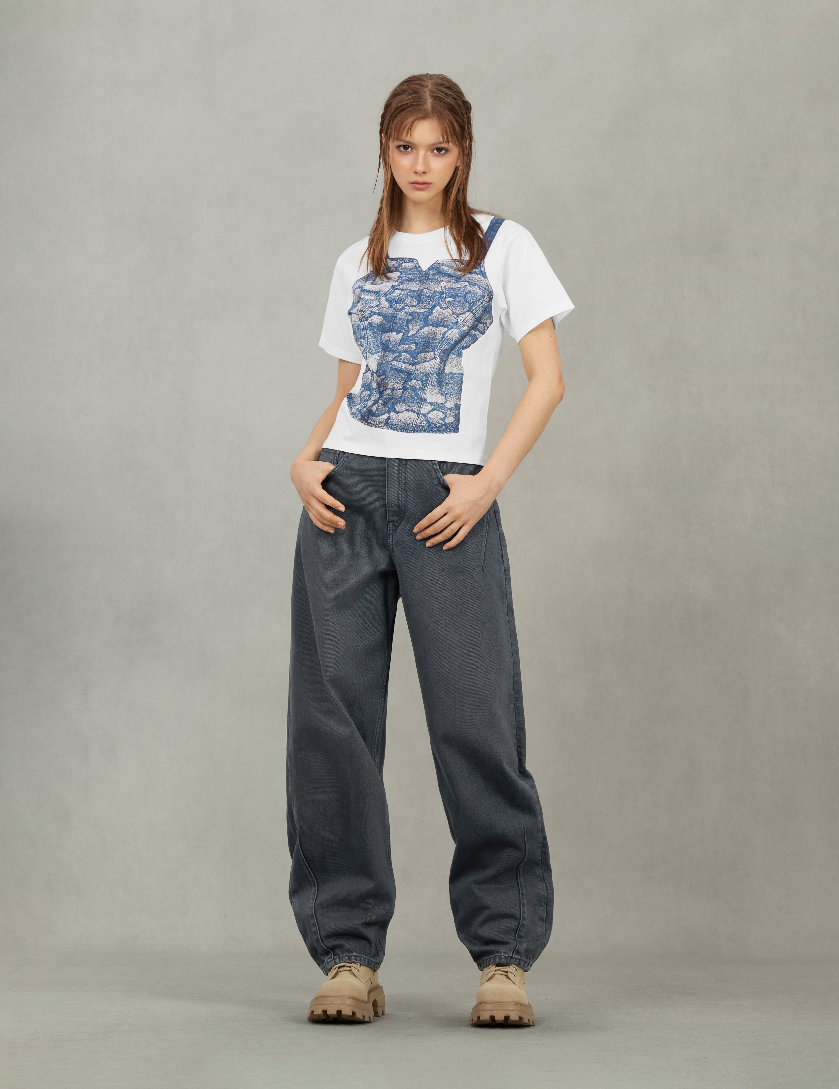 2-in-1 Ishigaki Camouflage Denim Corset Print Fashion Fit T-Shirt