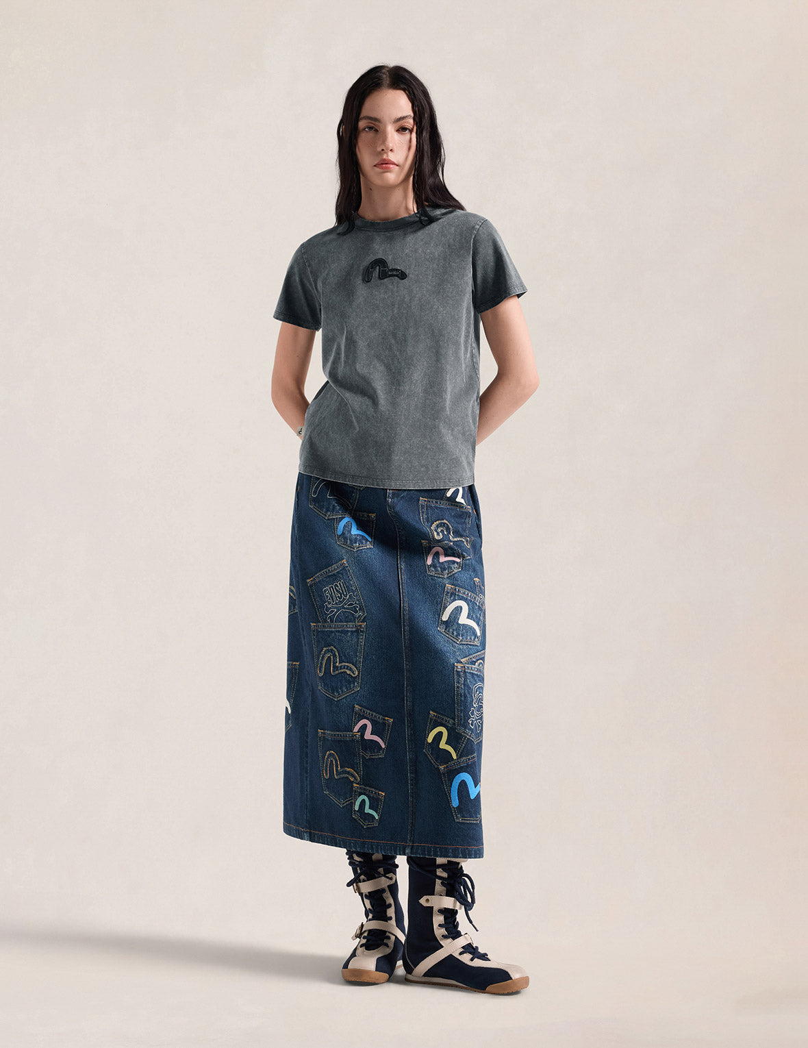 Digital Printed Multi-Pocket Seagull Denim Maxi Skirt