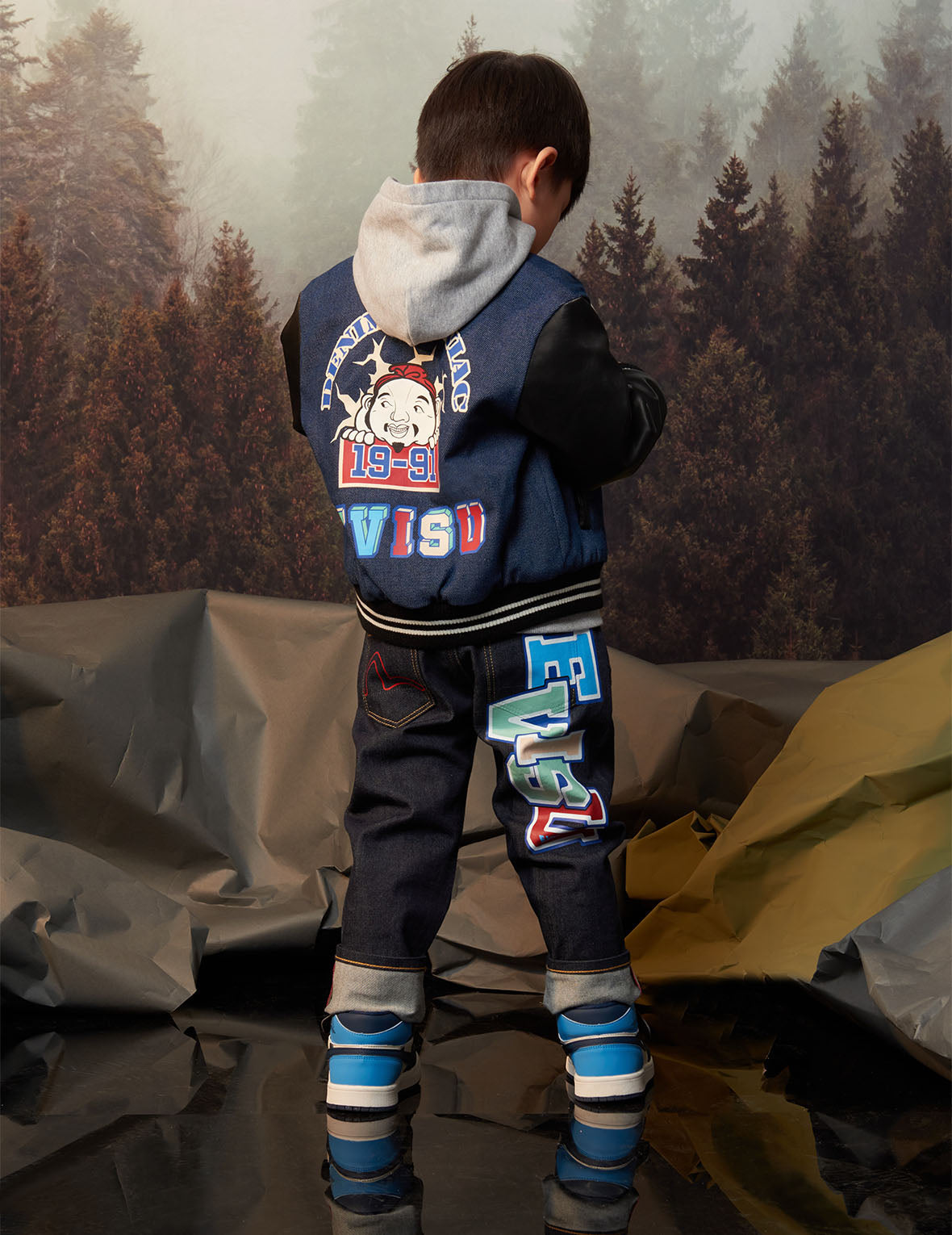 Godhead Print Regular Fit Padded Denim Baseball Jacket