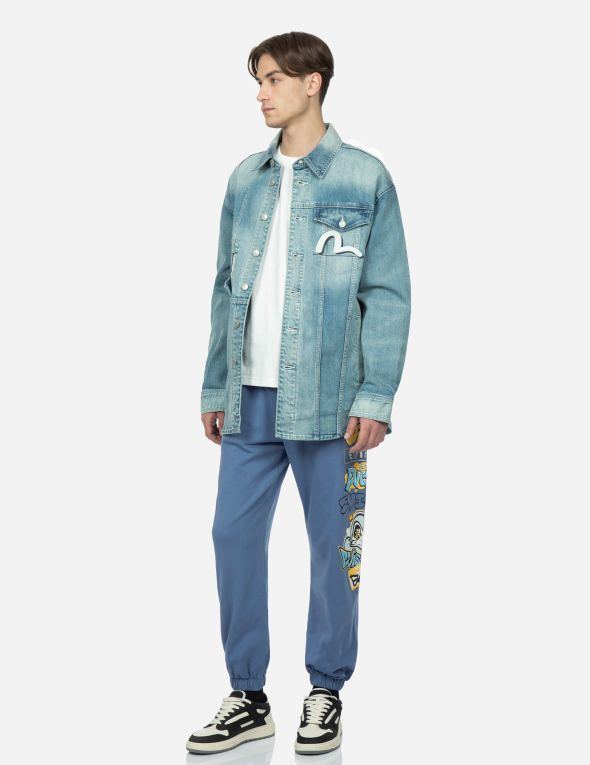 塗鴉達磨四格圖案牛仔襯衫外套