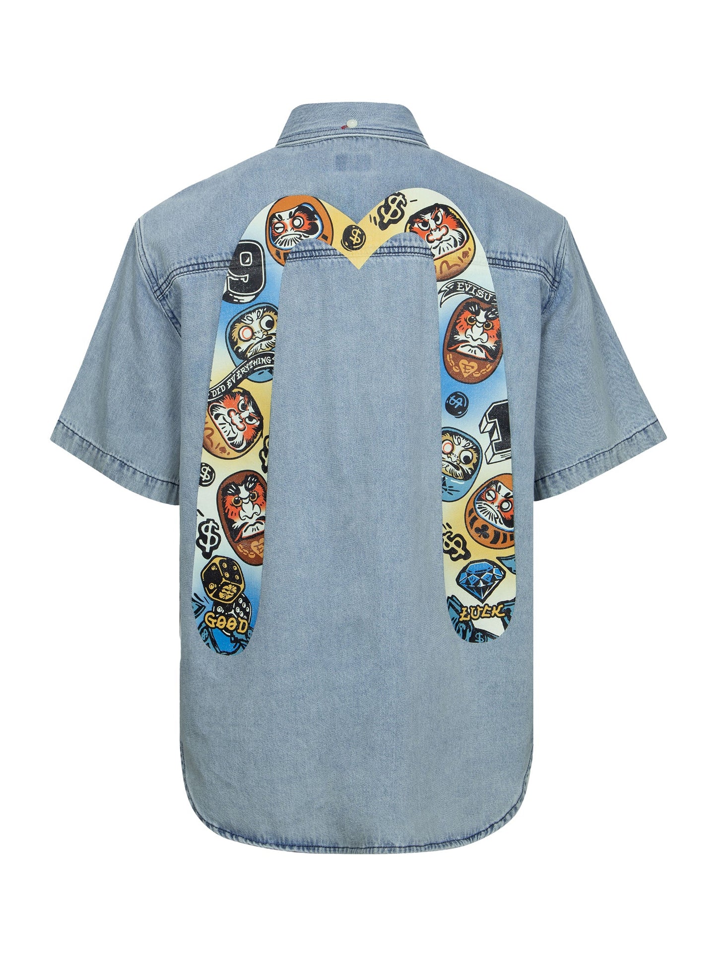 Gaming Daruma Daicock Print Relax Fit Short-Sleeve Denim Shirt