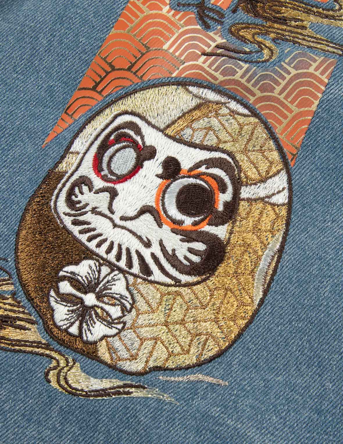 花札達摩大M及刺繡休閒寬版牛仔外套