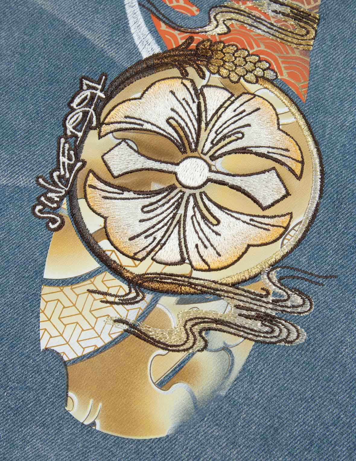 花札達摩大M及刺繡休閒寬版牛仔外套