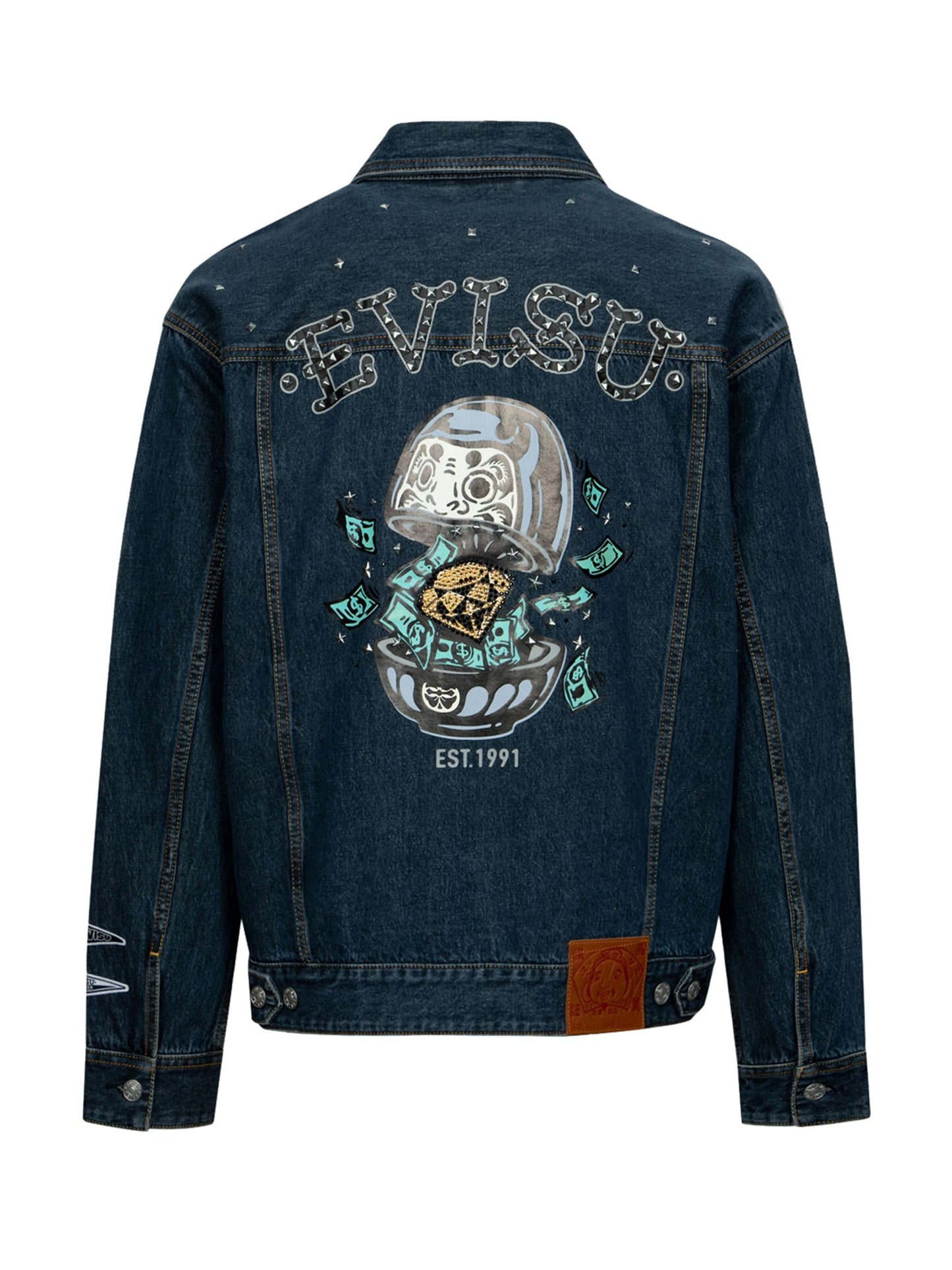 鑽石達摩和海鷗印花寬版牛仔外套