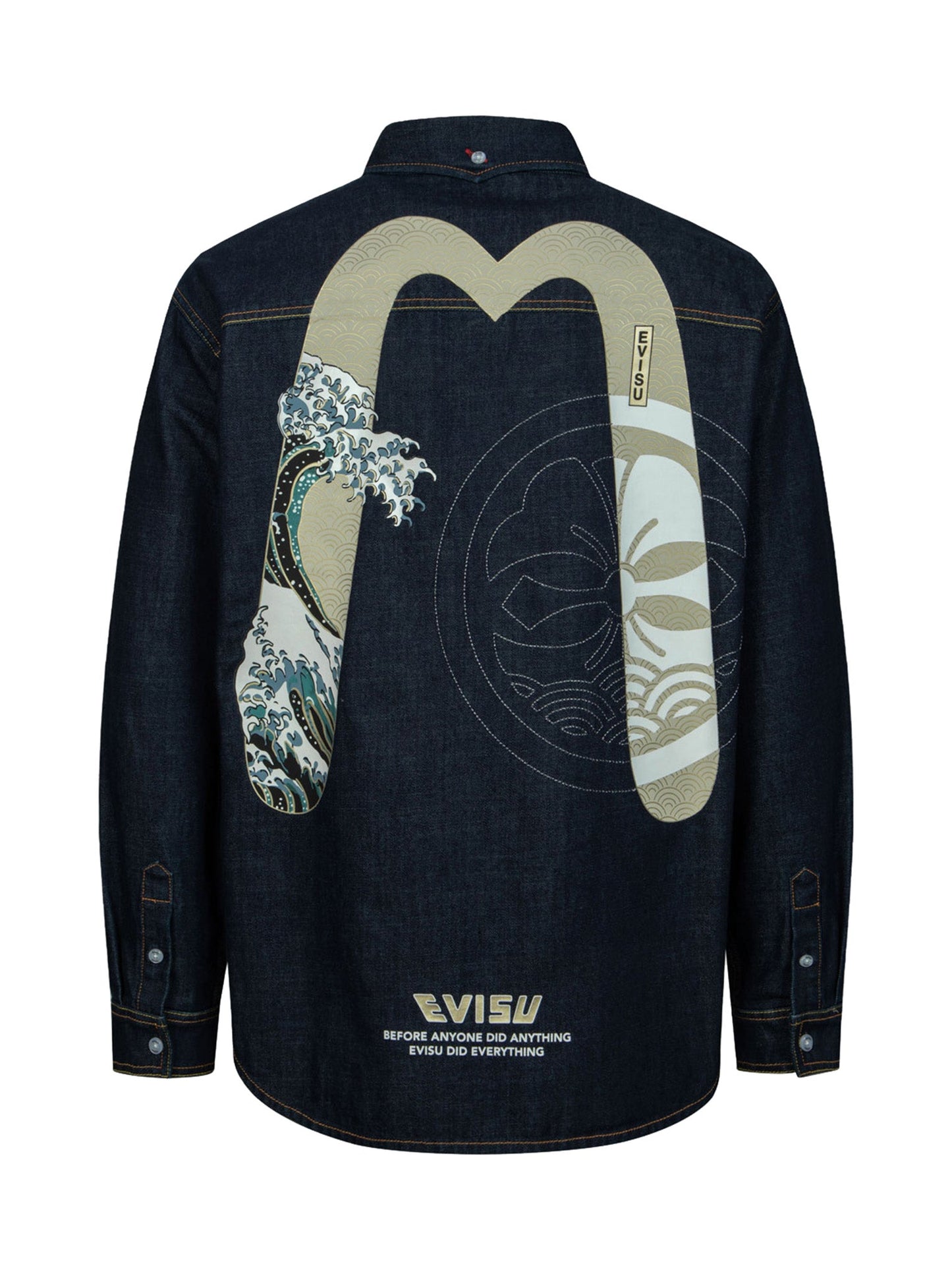 Kamon Stitching and The Great Wave Daicock Print Relax Fit Denim Shirt