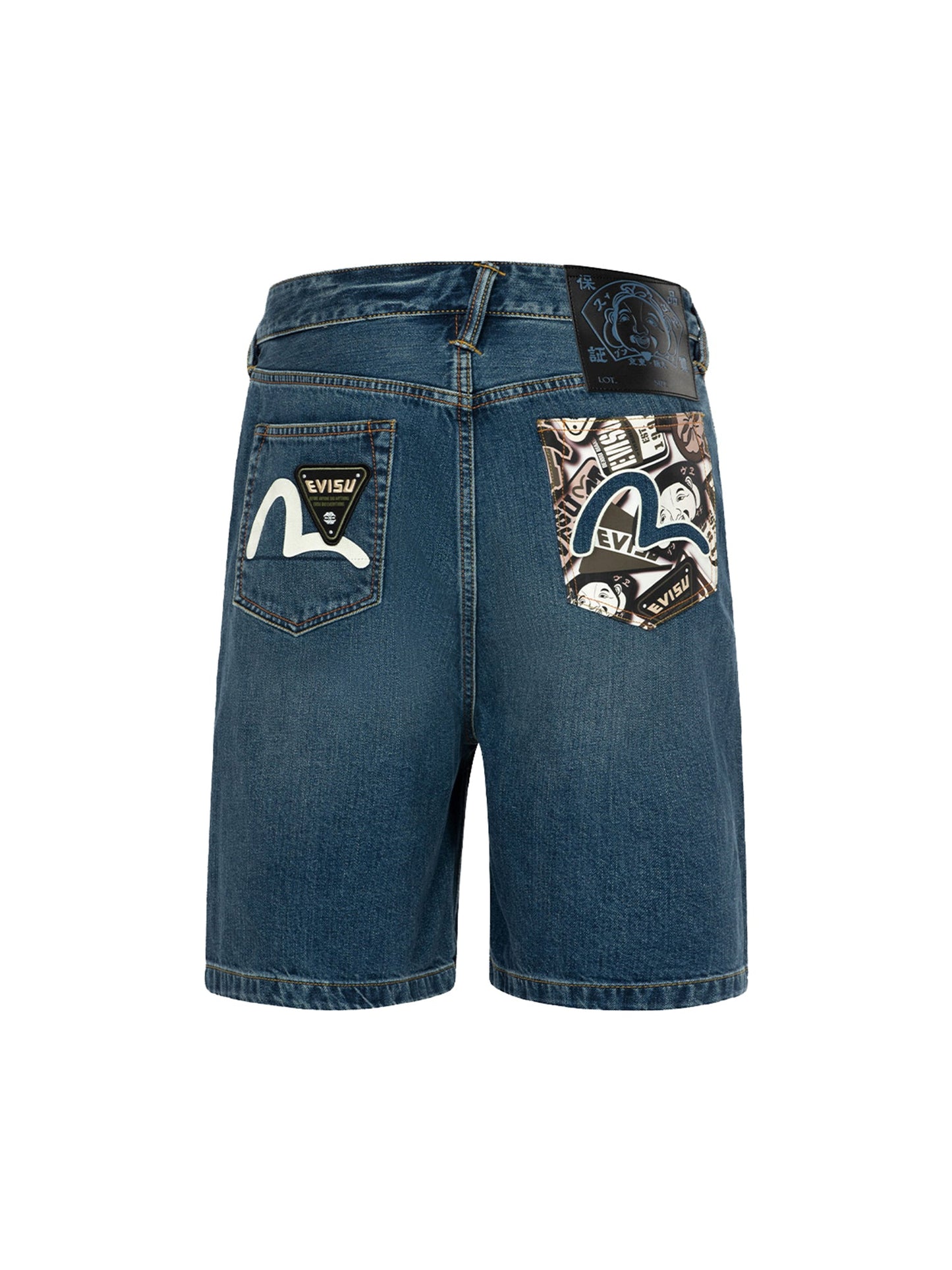 Allover Godhead Print and Seagull Embroidery Relax Fit Denim Shorts