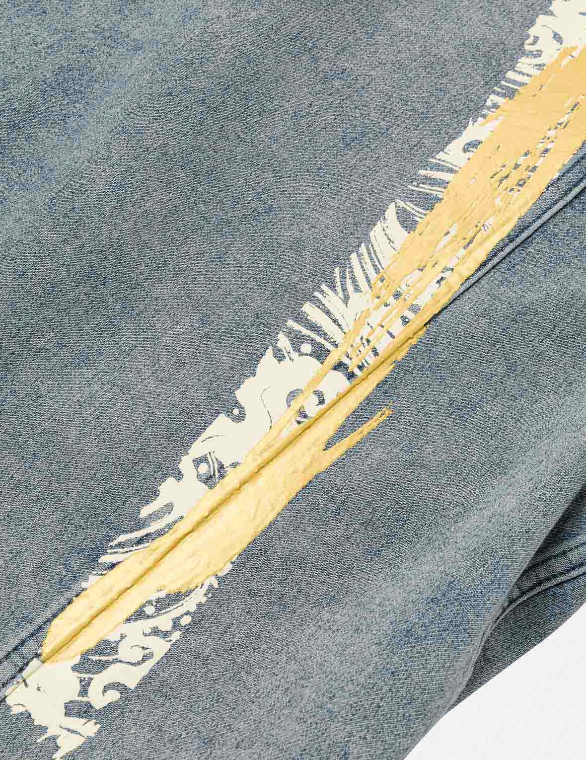 Artistic Brush Daicock Print Relax Fit Denim Jacket