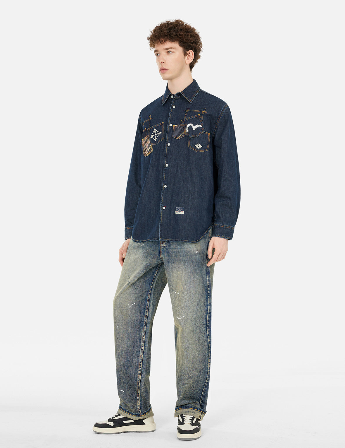 Multi-Pocket with Brocade Patch Relax Fit Denim Shirt