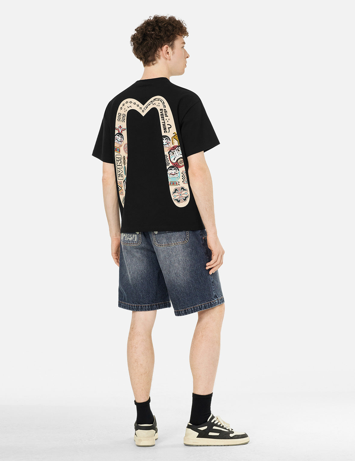 Seagull Print Pockets Oversized Worker Denim Shorts