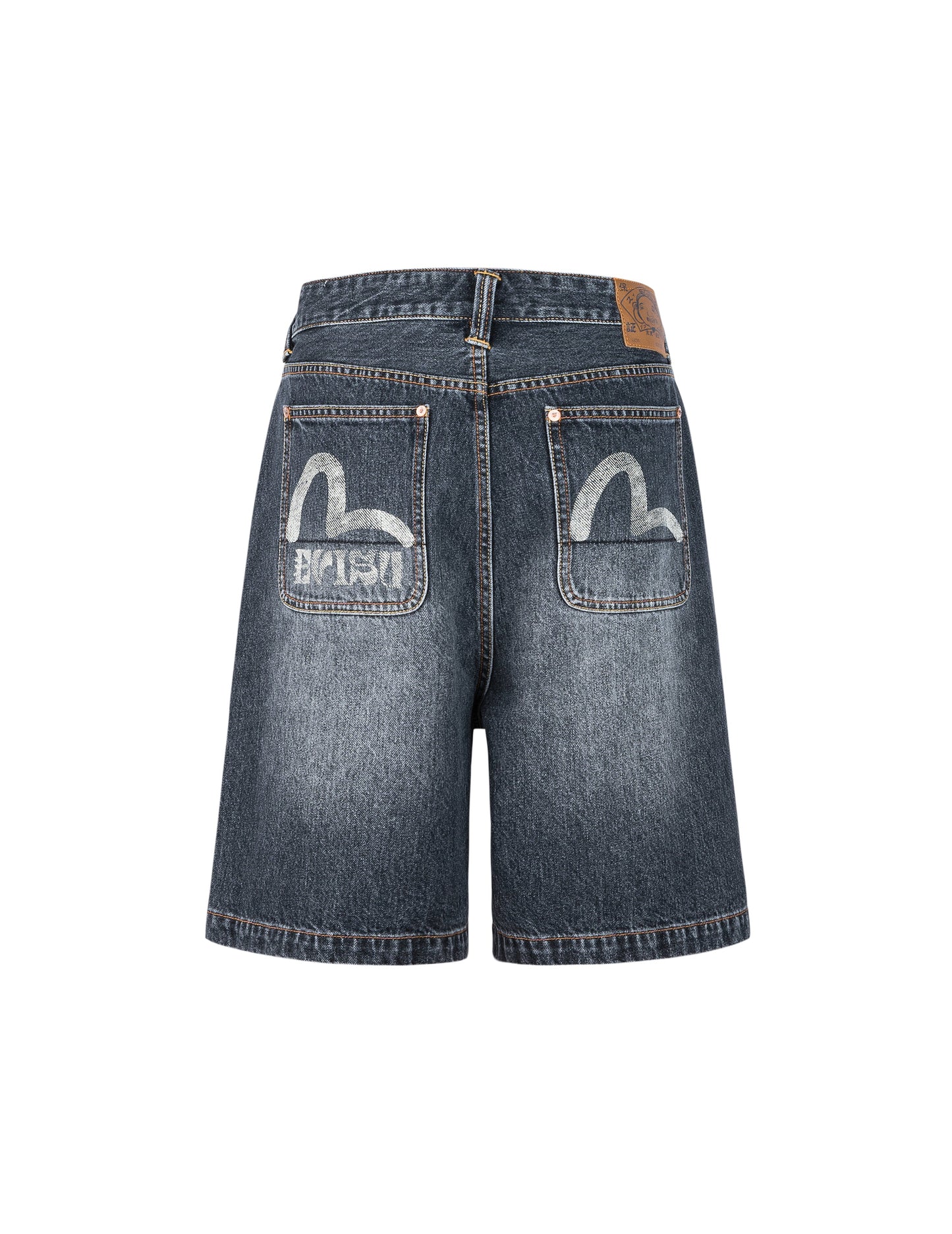 Seagull Print Pockets Oversized Worker Denim Shorts