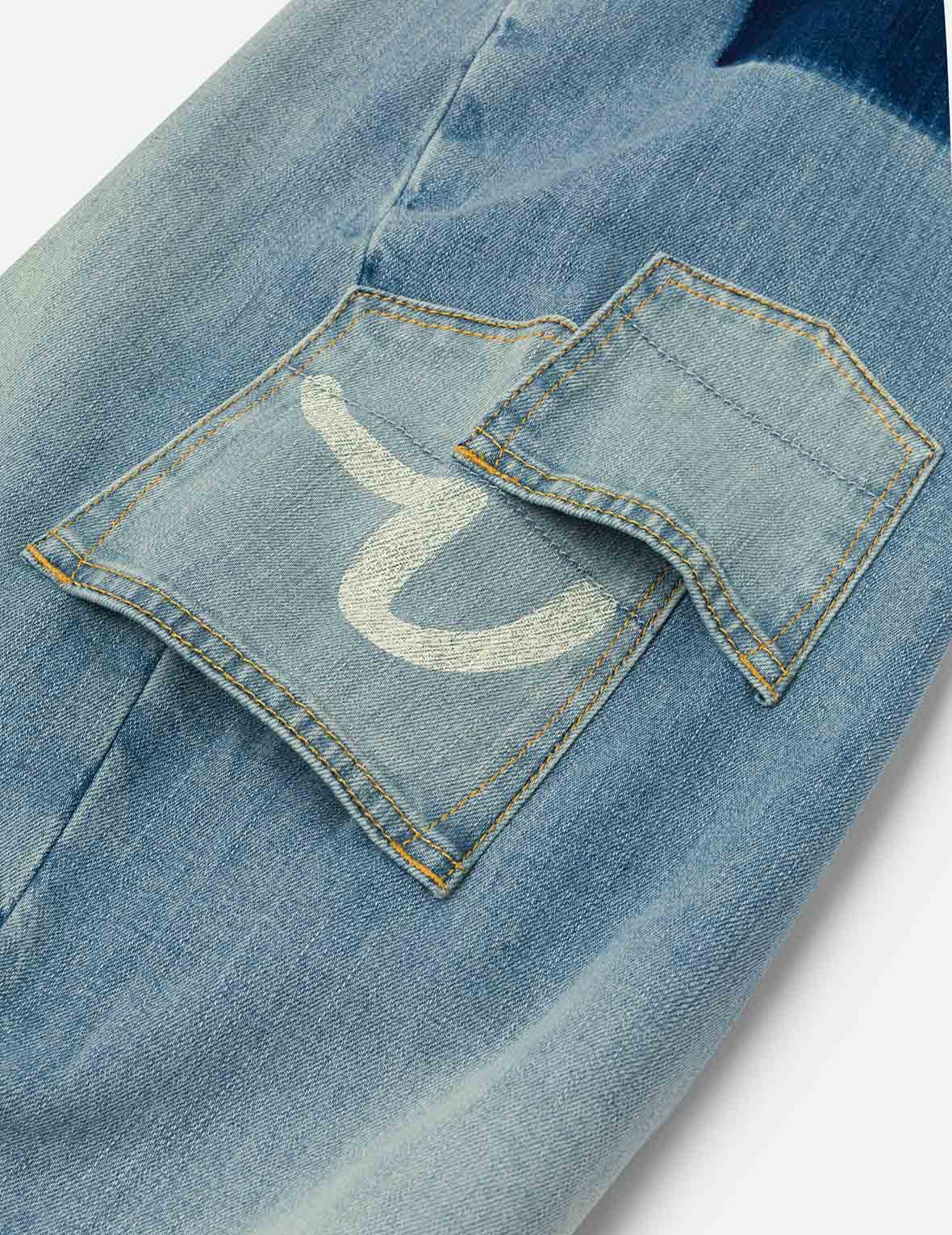 多口袋和海鷗印花立體版型牛仔褲