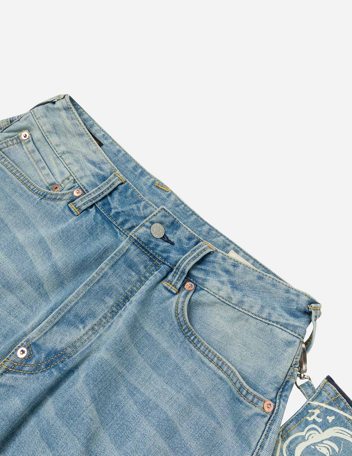 多口袋和海鷗印花立體版型牛仔褲
