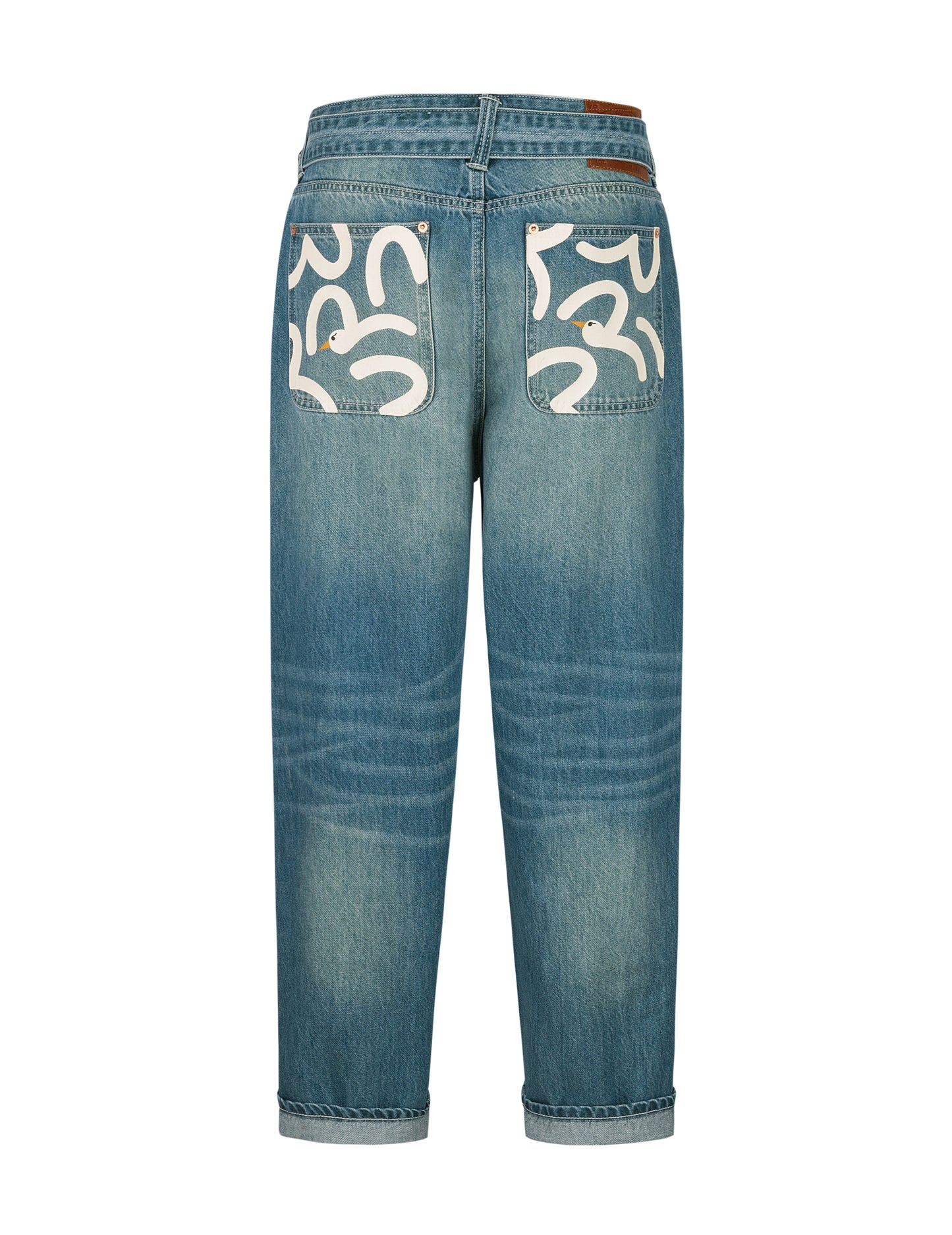 趣味海鷗印花口袋寬鬆版型牛仔褲 #2038