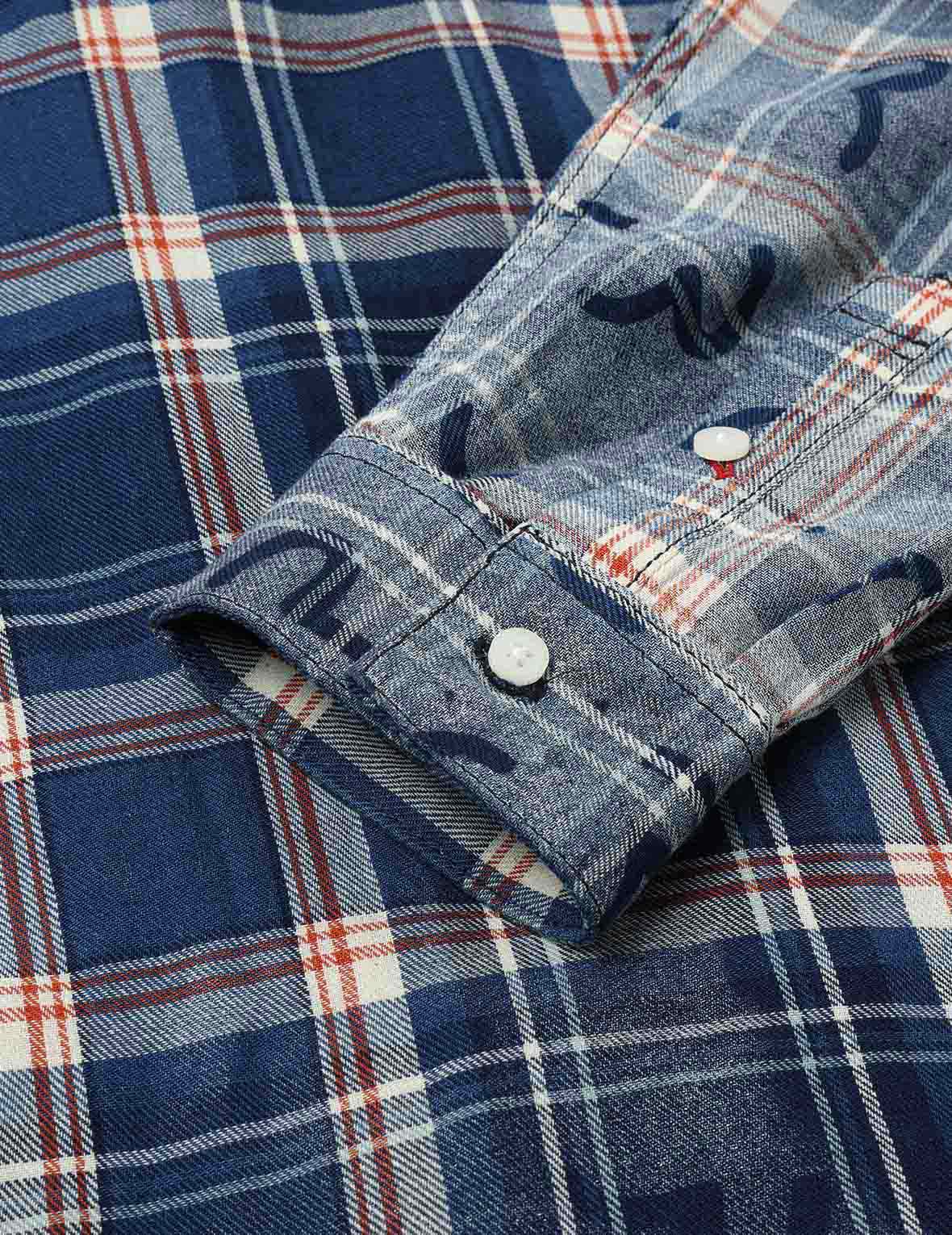 滿地海鷗印花寬版休閒長格紋襯衫