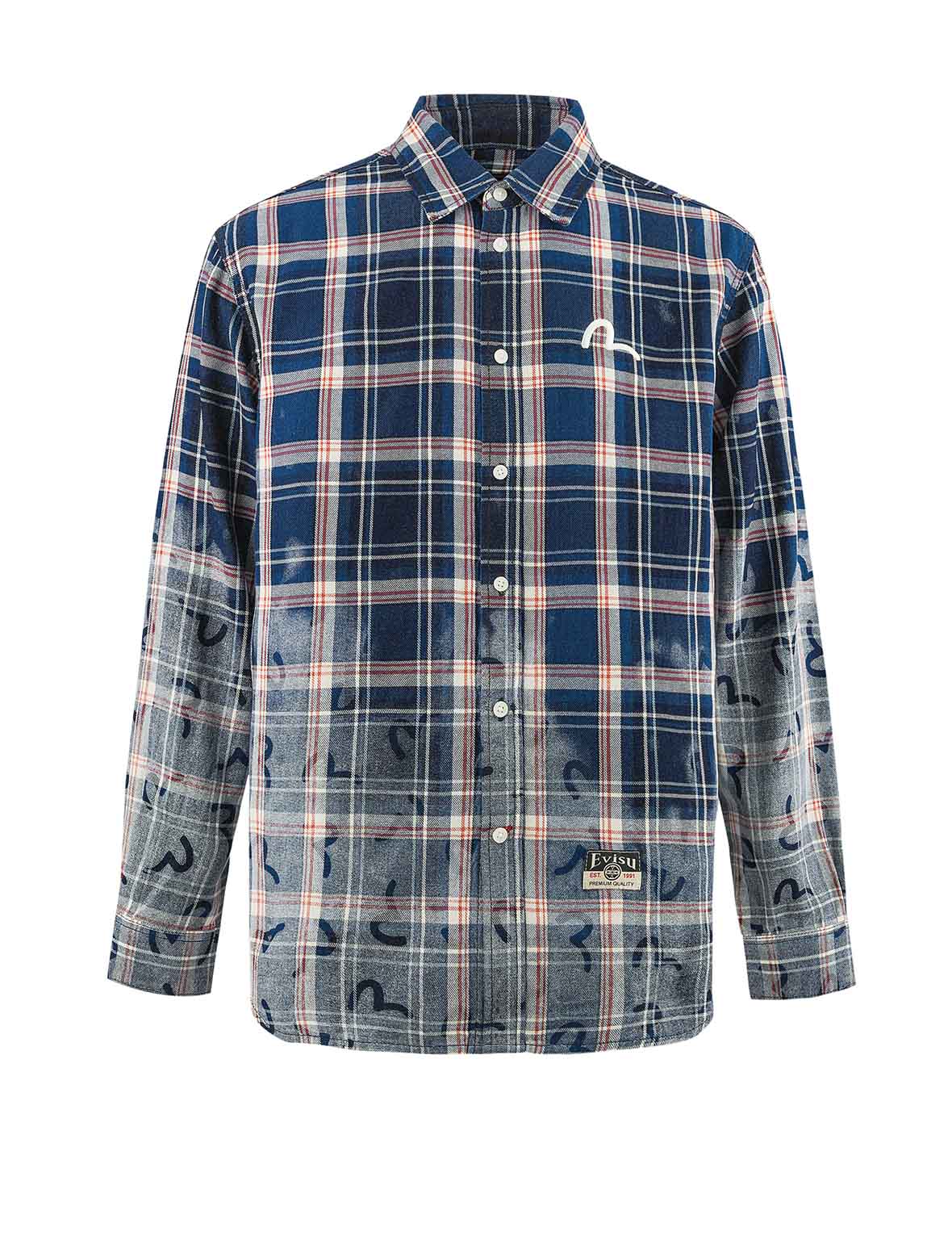 滿地海鷗印花寬版休閒長格紋襯衫